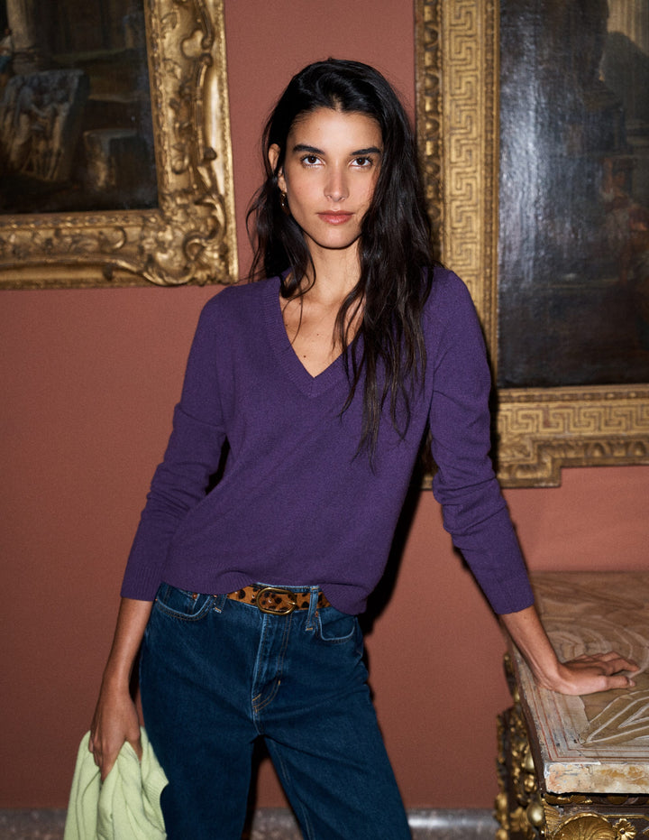 Elsie Cashmere V Neck Sweater-Deep Grape