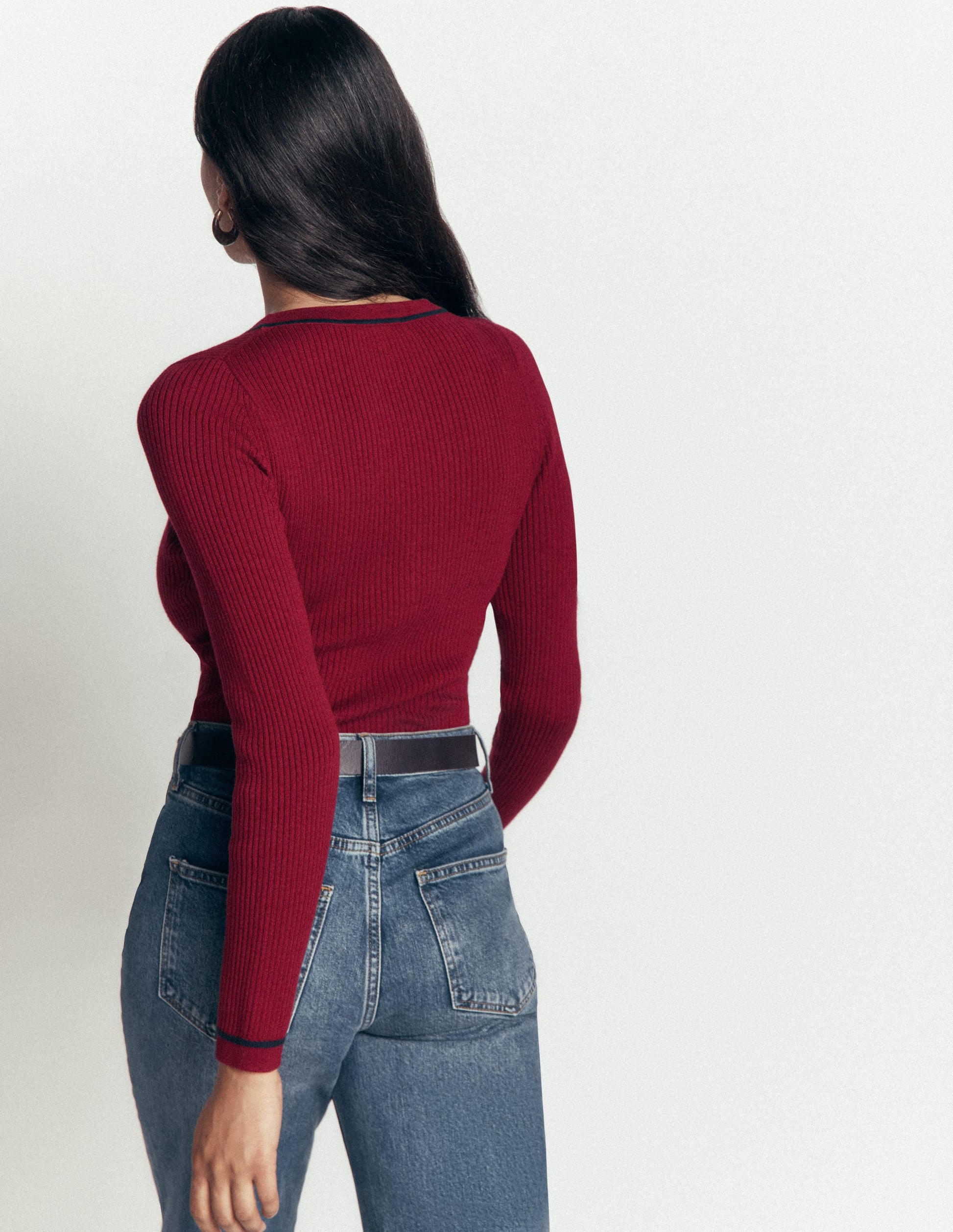 Paula Ribbed V Neck Jumper-Merlot-3