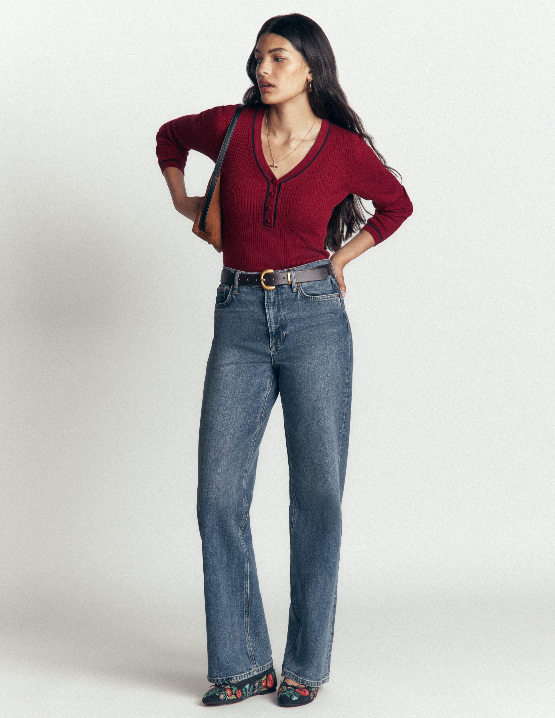 Paula Ribbed V Neck Jumper-Merlot-4