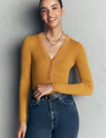 Paula Ribbed V Neck Jumper-Gold Wheat