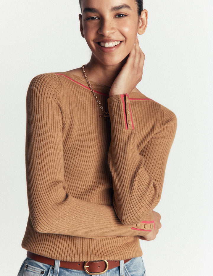 Paula Ribbed Boatneck Jumper-Camel