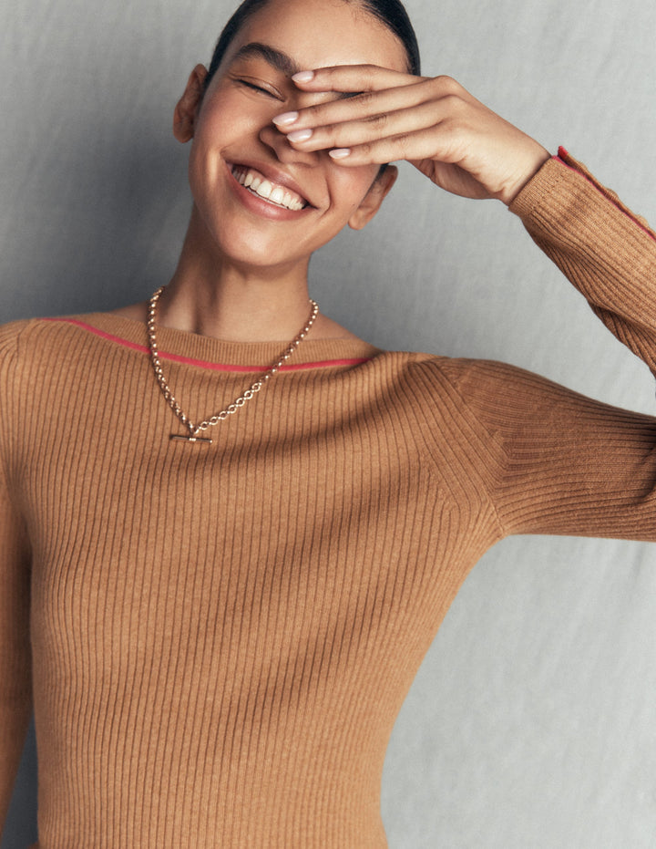 Paula Ribbed Boatneck Jumper-Camel