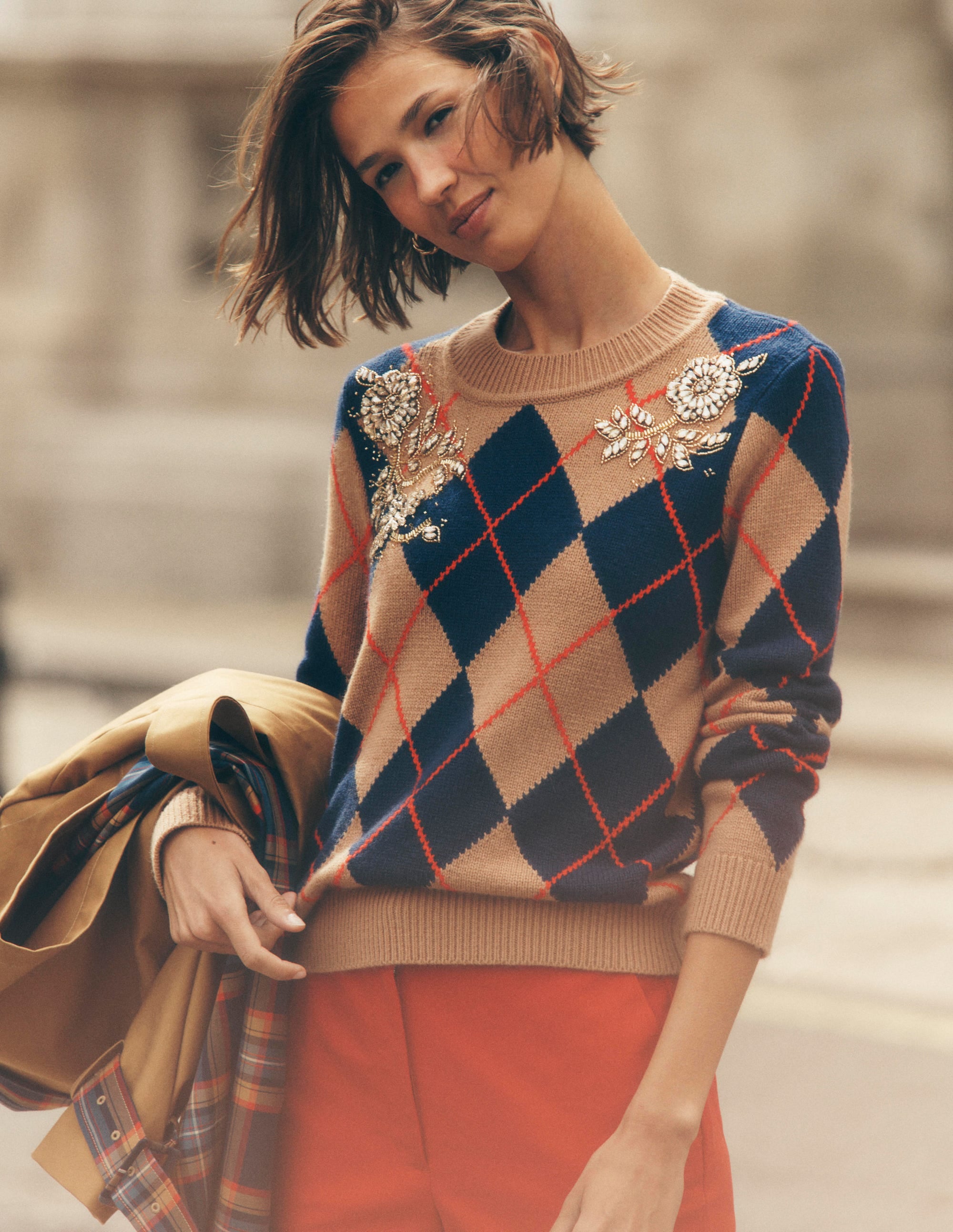 Embellished Jacquard Sweater-Camel Melange Argyle - Image 1