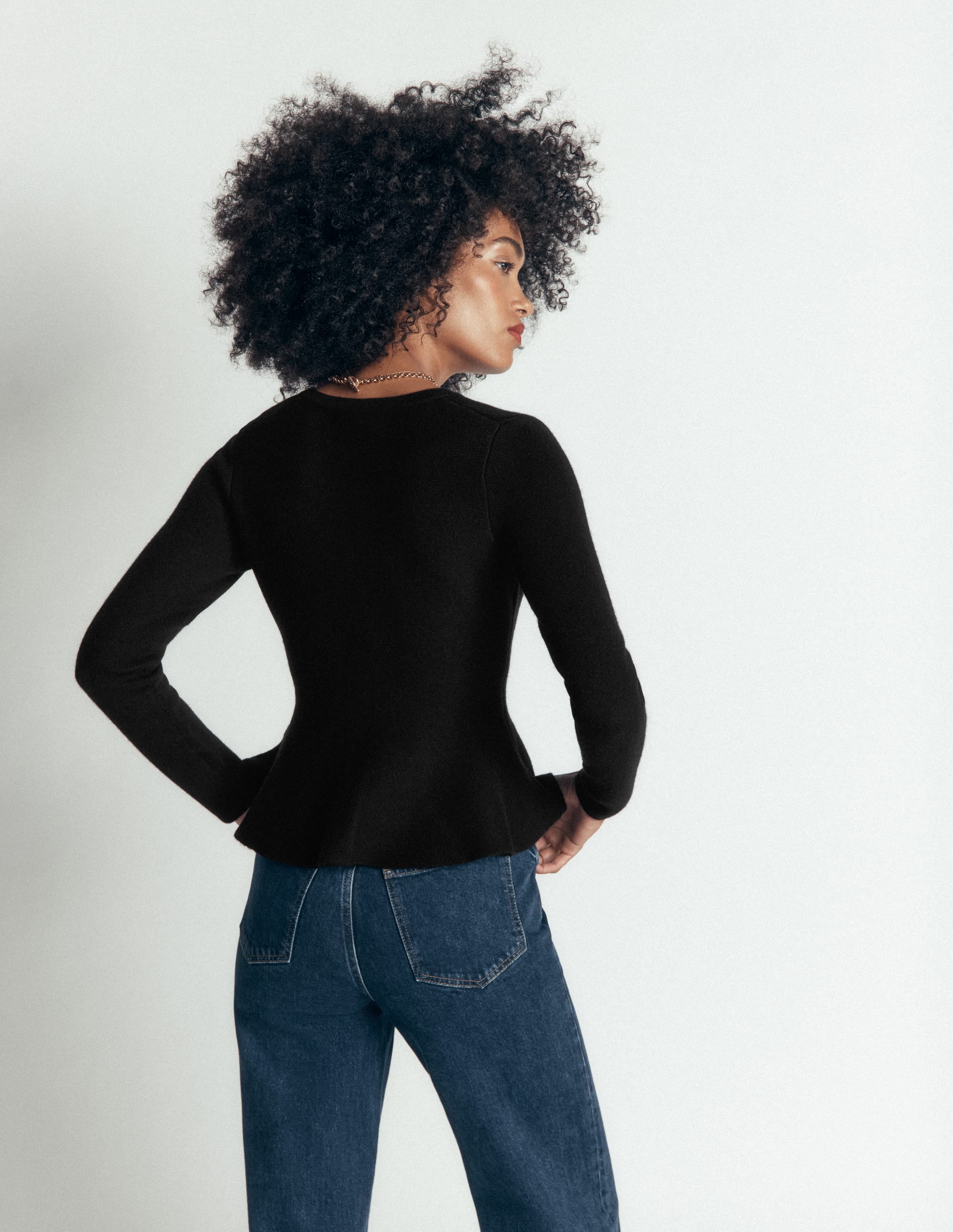 Fitted Wool Peplum Cardigan-Black - Image 3