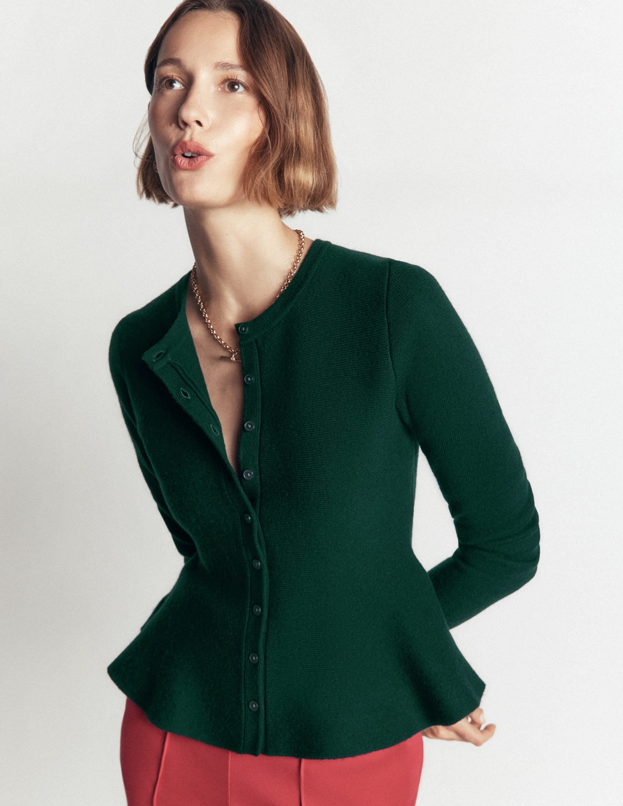 Fitted Wool Peplum Cardigan-Sea moss - Image 2