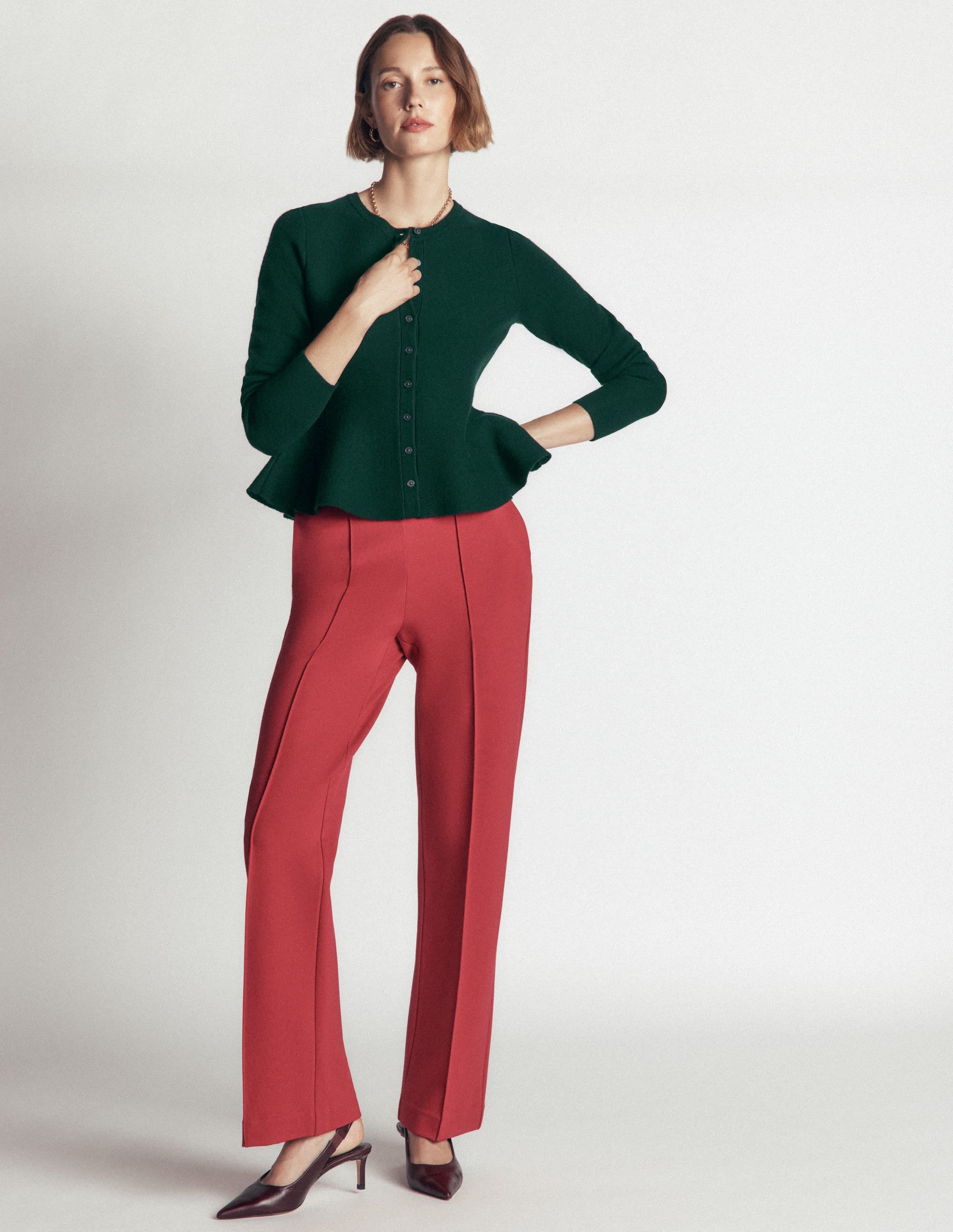 Fitted Wool Peplum Cardigan-Sea moss - Image 4