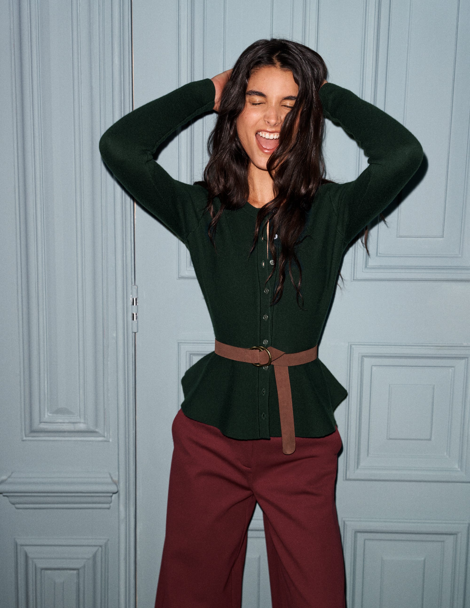 Fitted Wool Peplum Cardigan-Sea moss - Image 5