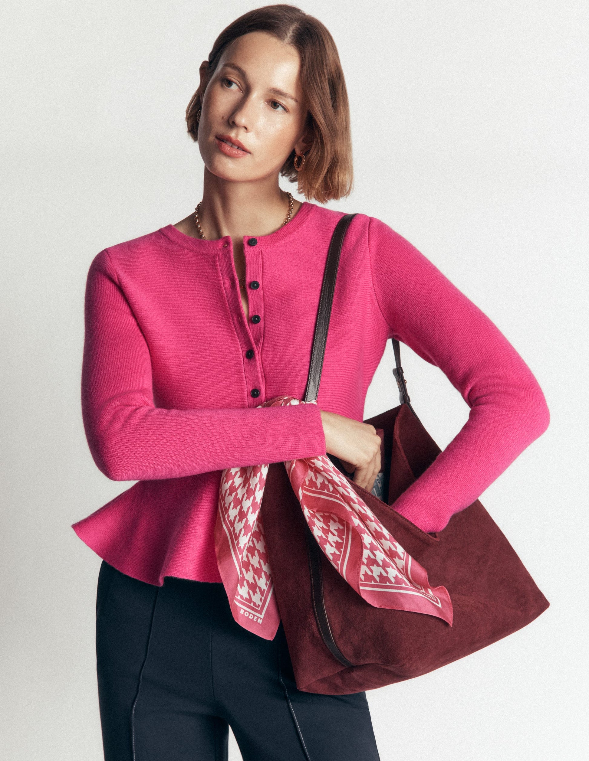 Fitted Wool Peplum Cardigan-Pink-1