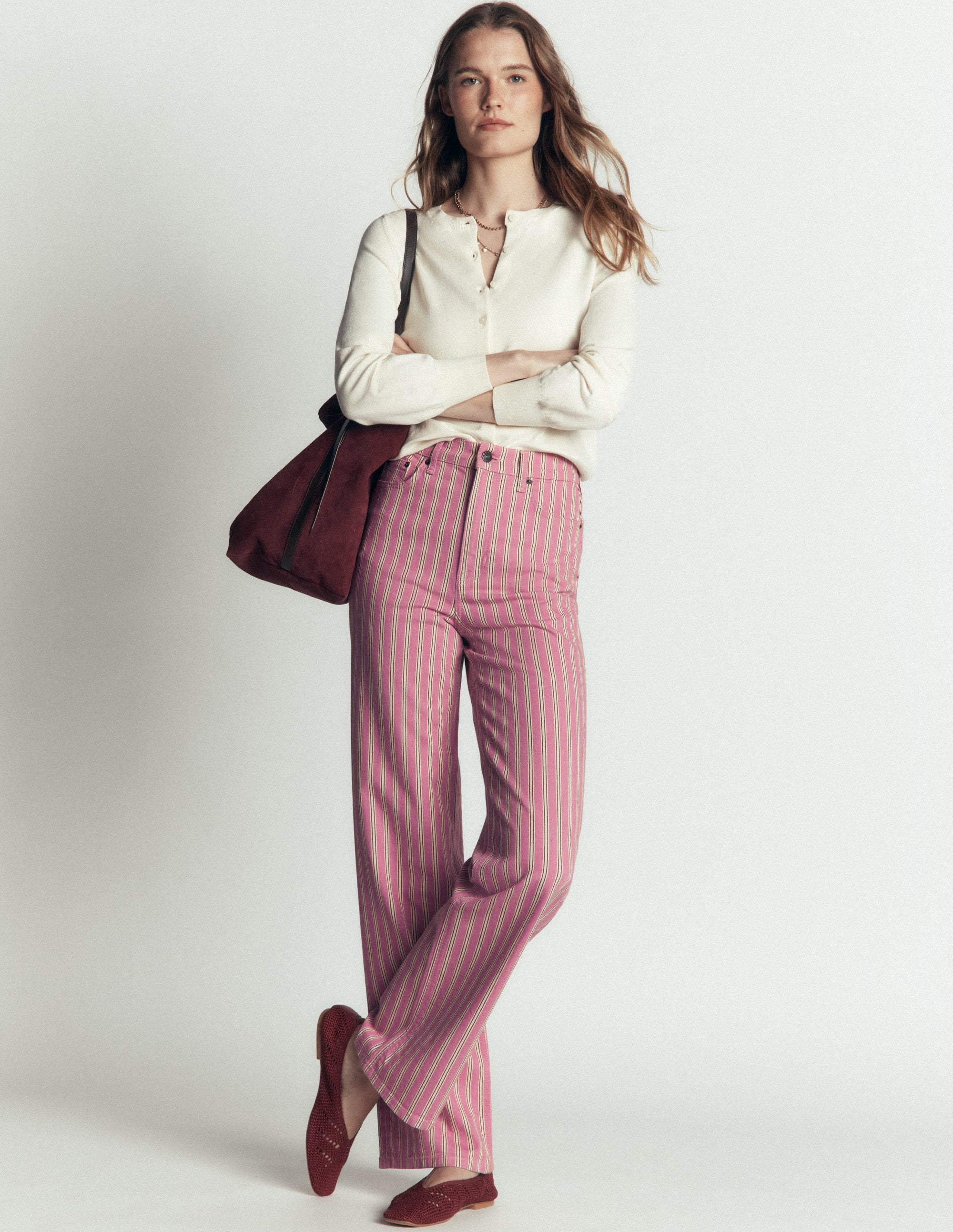 High Rise Column Leg Jeans-Pink, Maroon Tram Stripe - Image 1