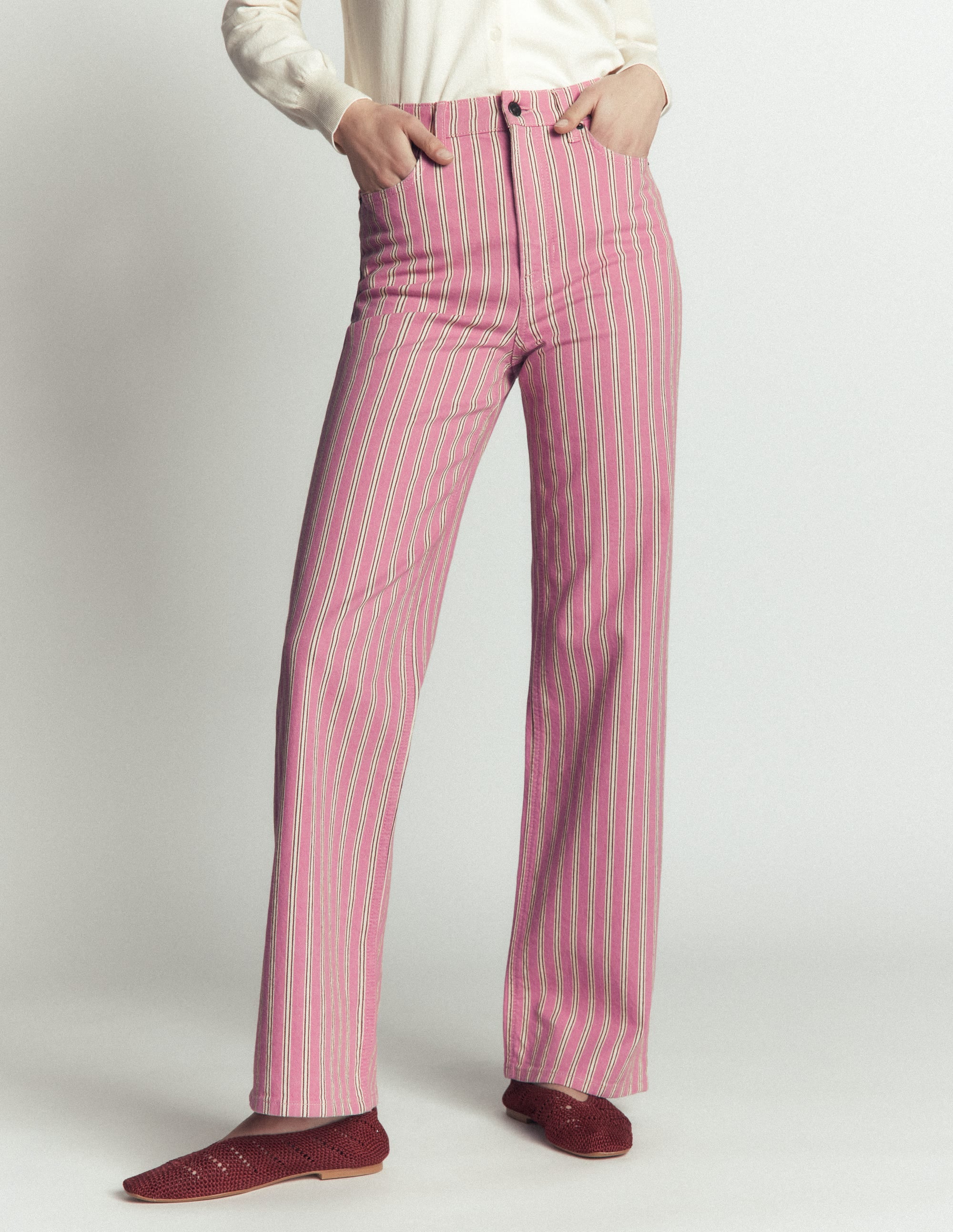 High Rise Column Leg Jeans-Pink, Maroon Tram Stripe - Image 4