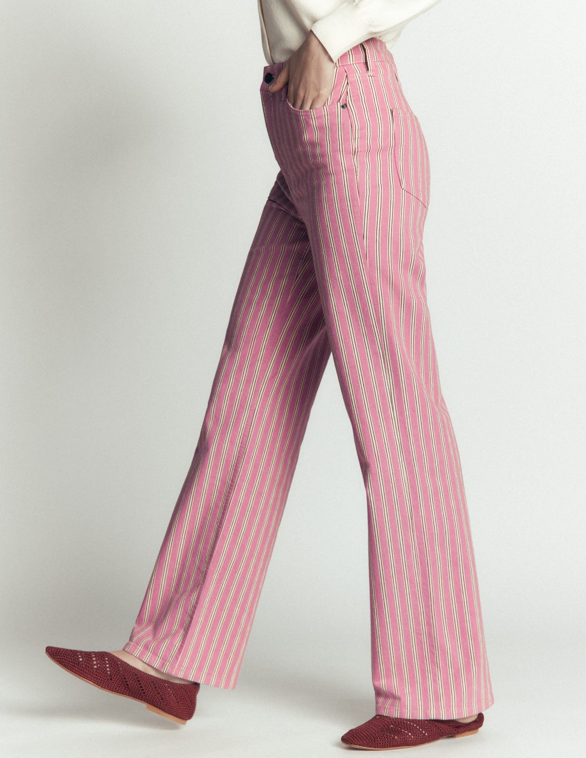 High Rise Column Leg Jeans-Pink, Maroon Tram Stripe - Image 6