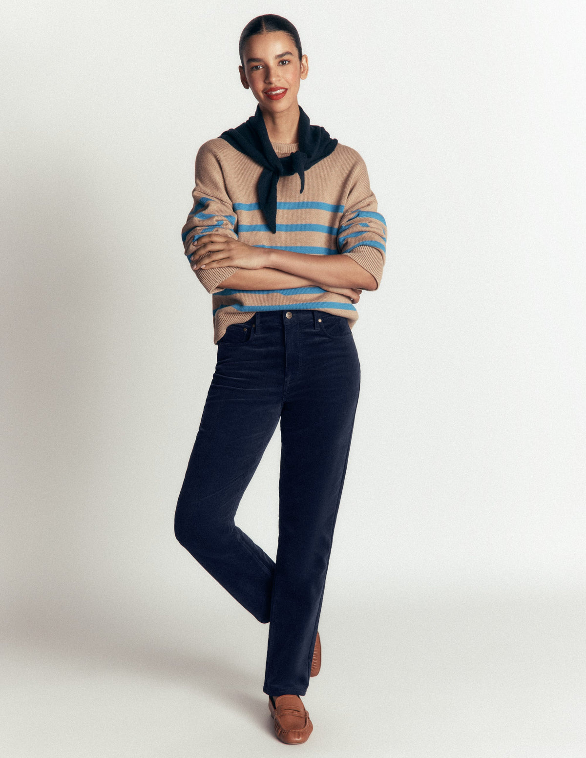 High Rise Cord Slim Jeans-Navy - Image 1