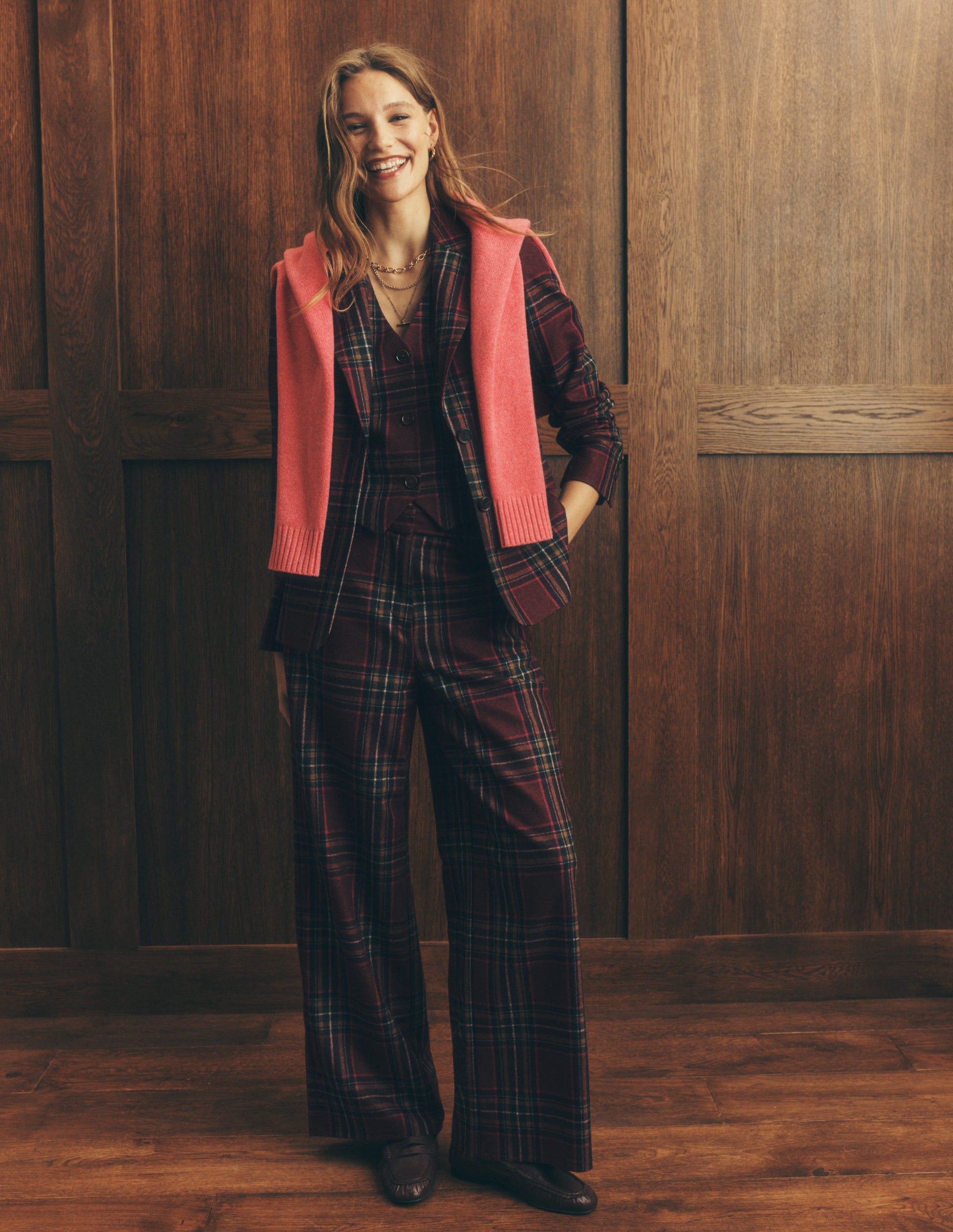 Belgravia Wool Blend Pants-Maroon And Olive Check-1