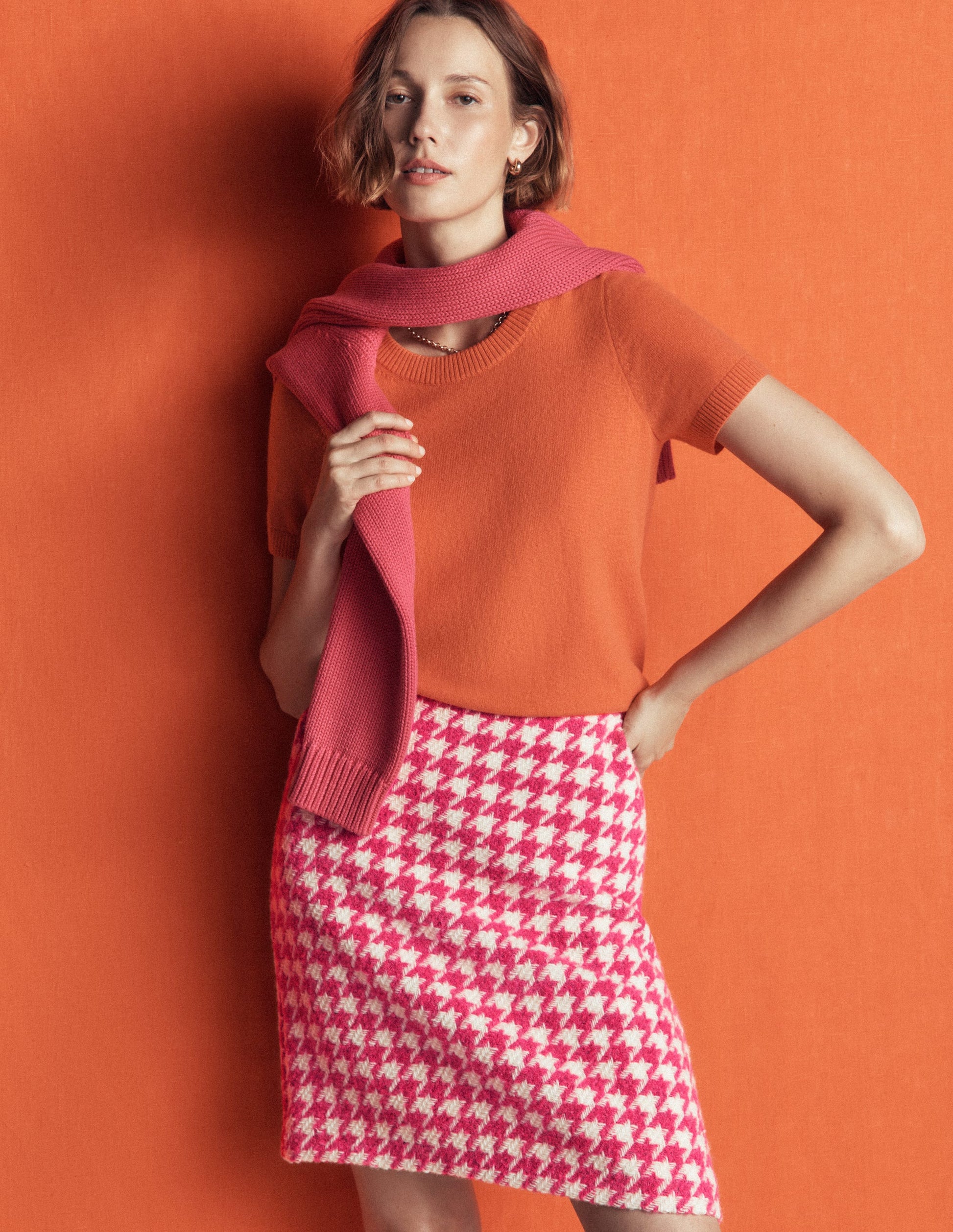 Wool Blend A-Line Skirt-Pink Dogstooth-2
