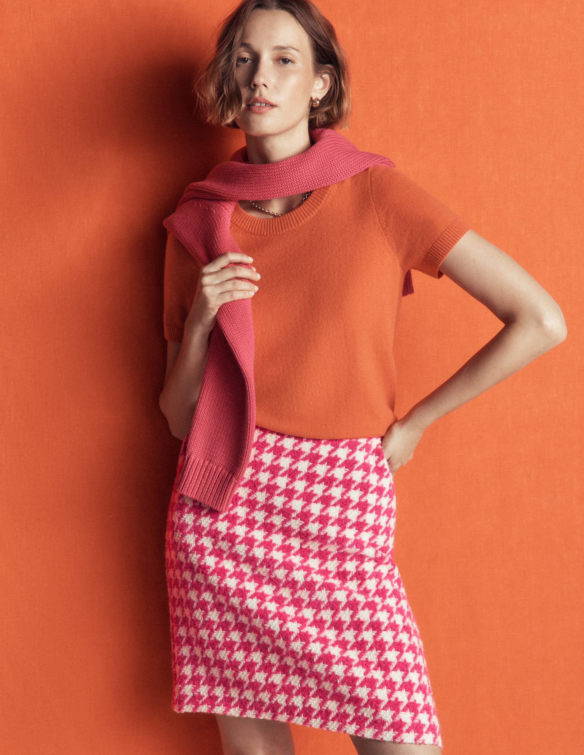 Wool Blend A-Line Skirt-Pink Dogstooth - Image 2