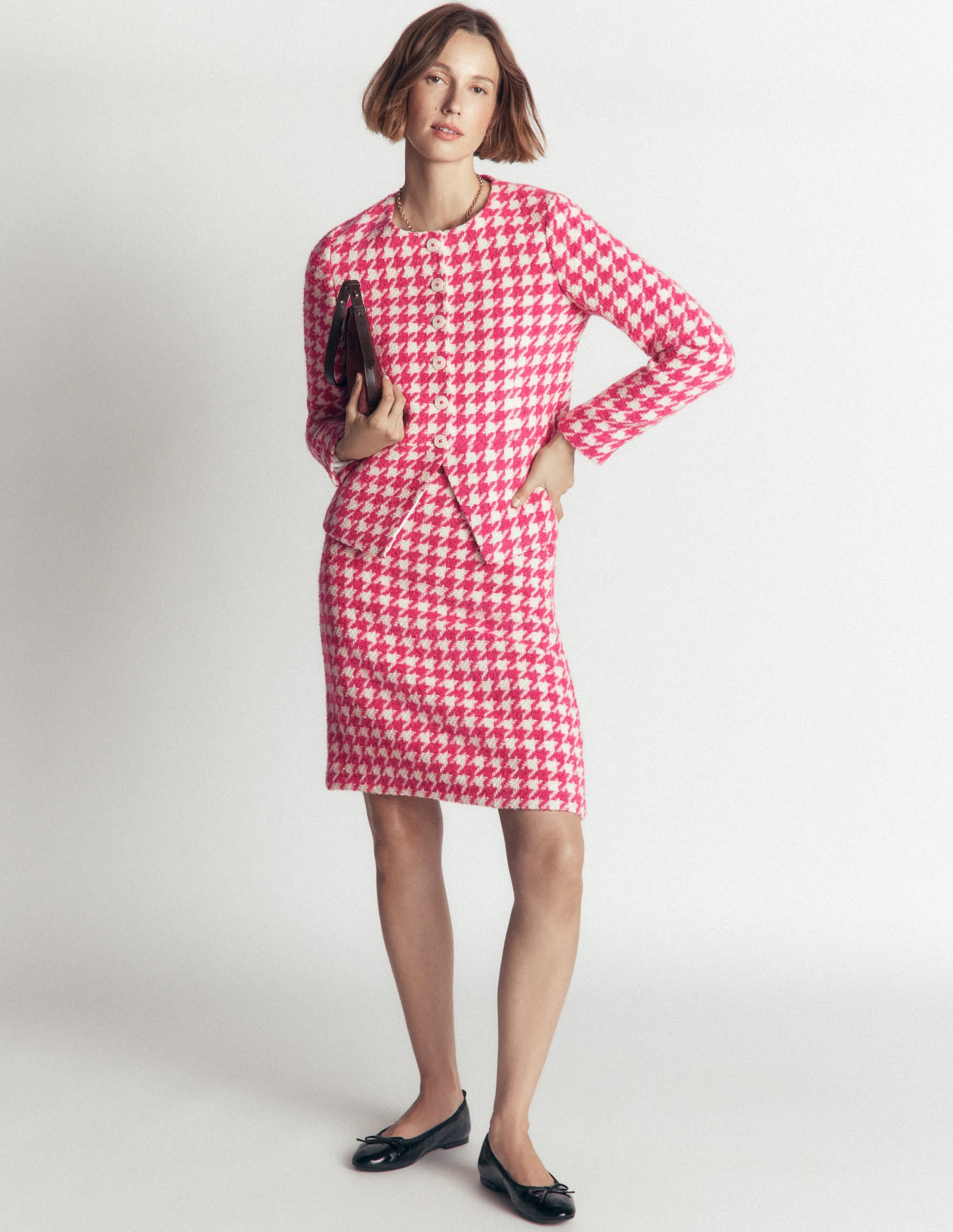 Wool Blend A-Line Skirt-Pink Dogstooth - Image 7