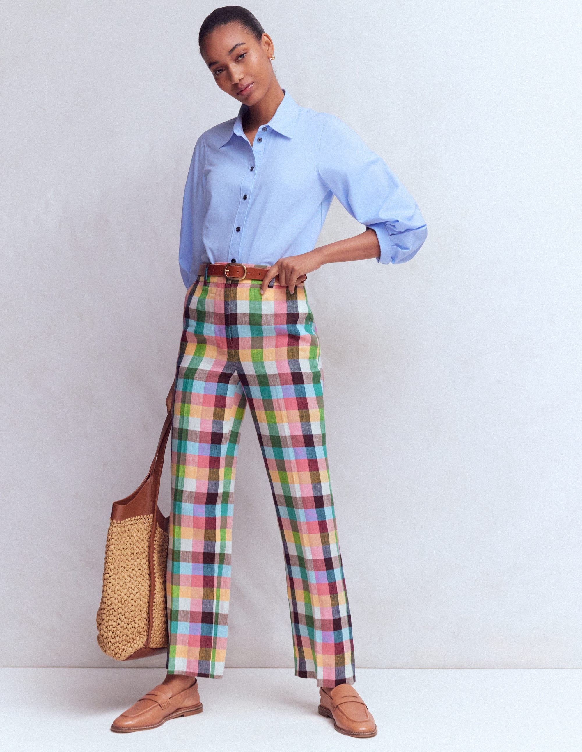Canonbury 7/8 Linen Pants-Soft Yellow, Pink Multigingham - Image 1