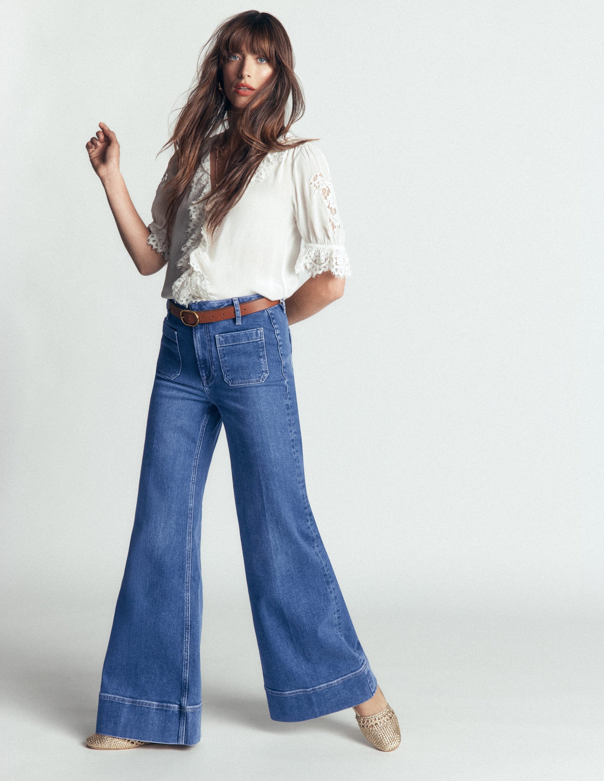 Patch Pocket Flare Jeans-Midwash-1