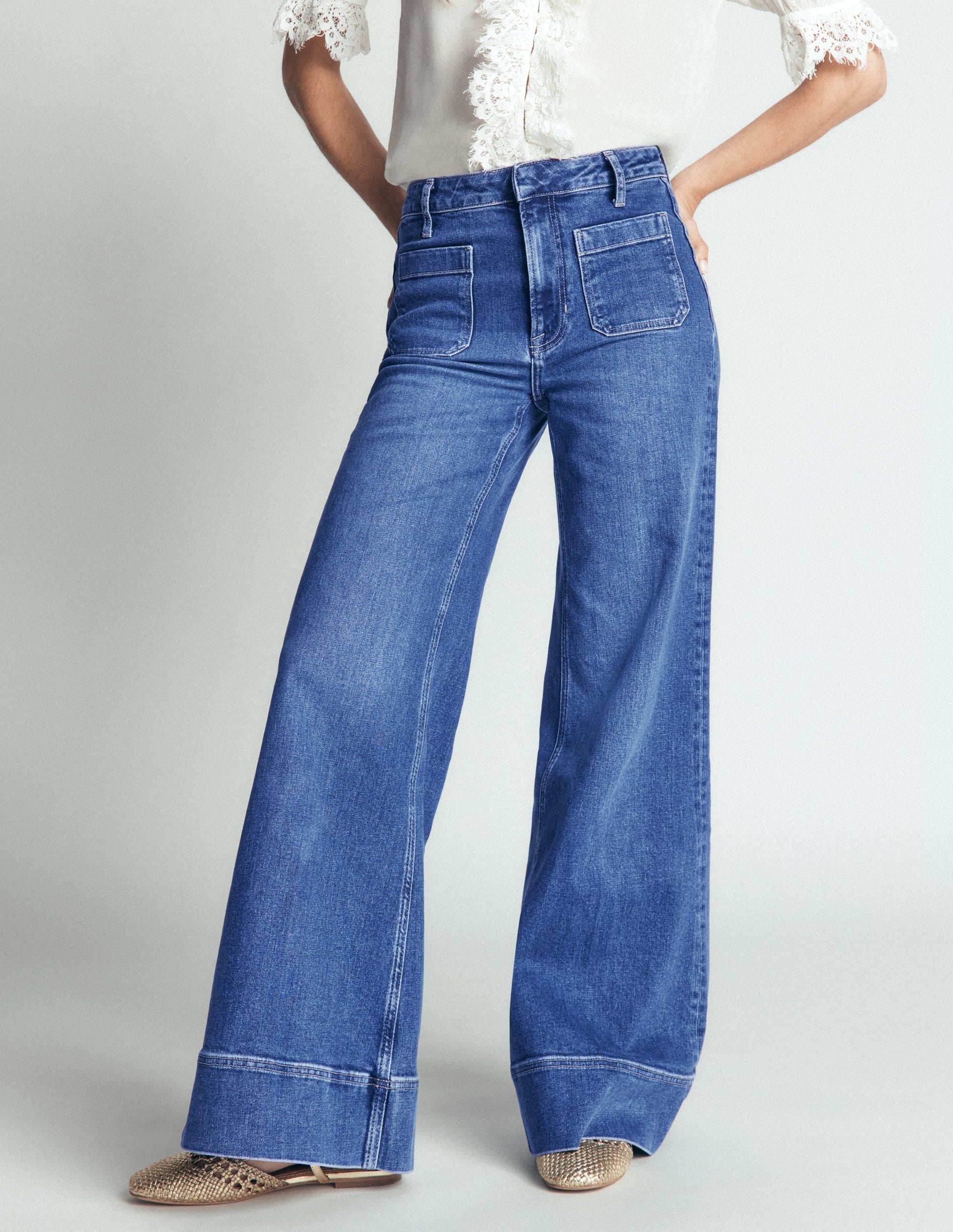 Patch Pocket Flare Jeans-Midwash-4