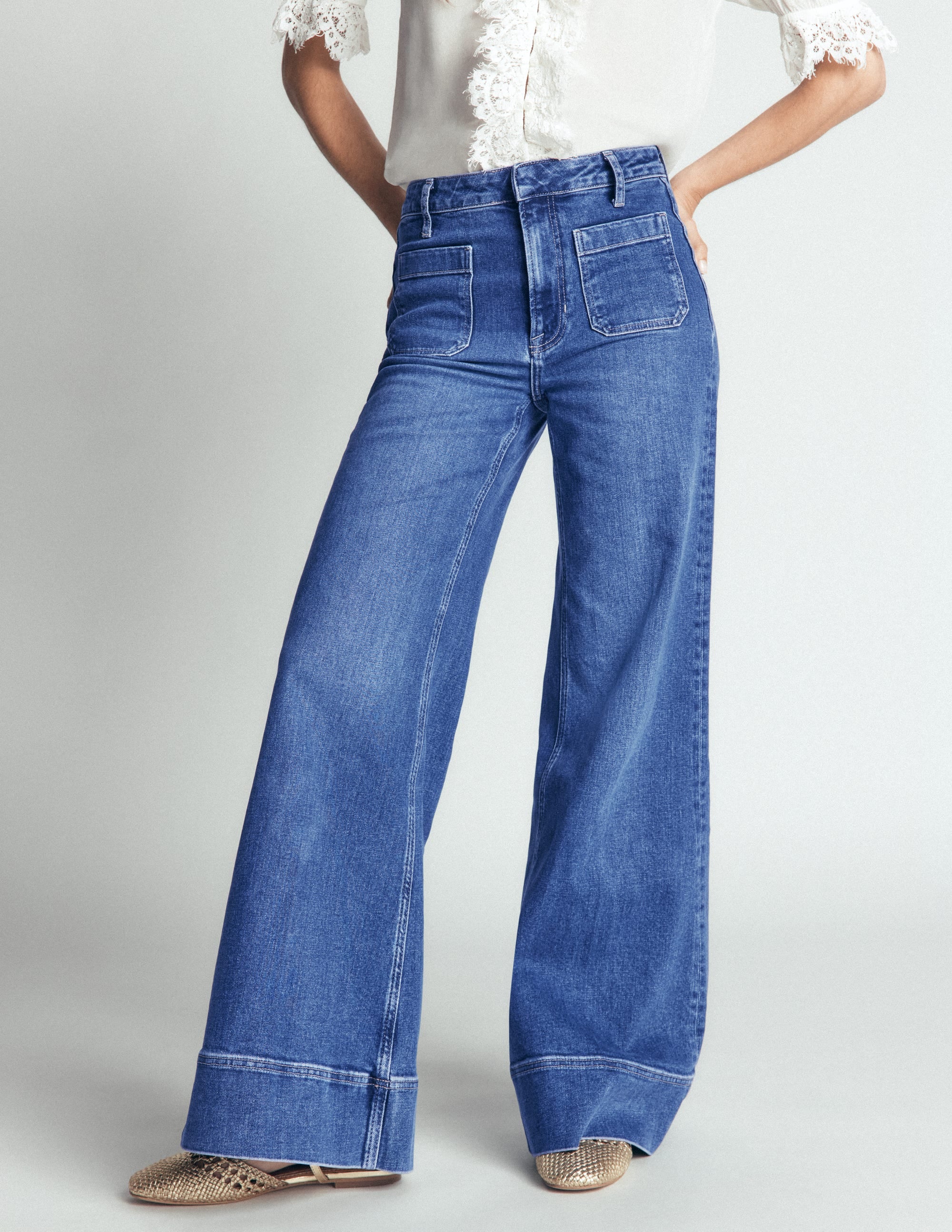 Patch Pocket Flare Jeans-Midwash - Image 4