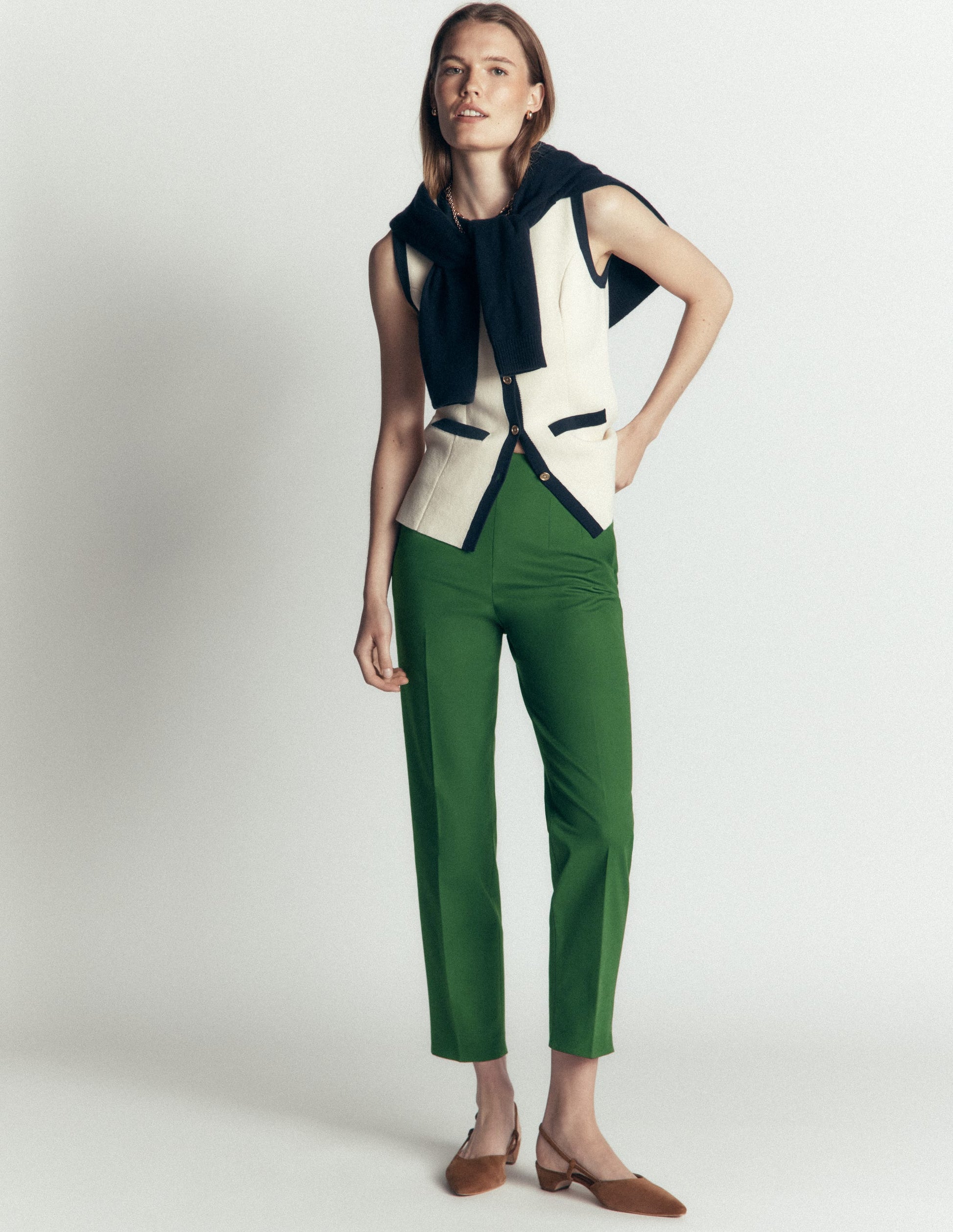 Slim Leg Cotton Pants-Dark Green-1