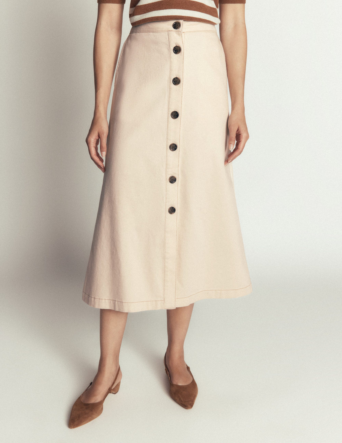 Val Button Denim Midi Skirt-Ecru-4