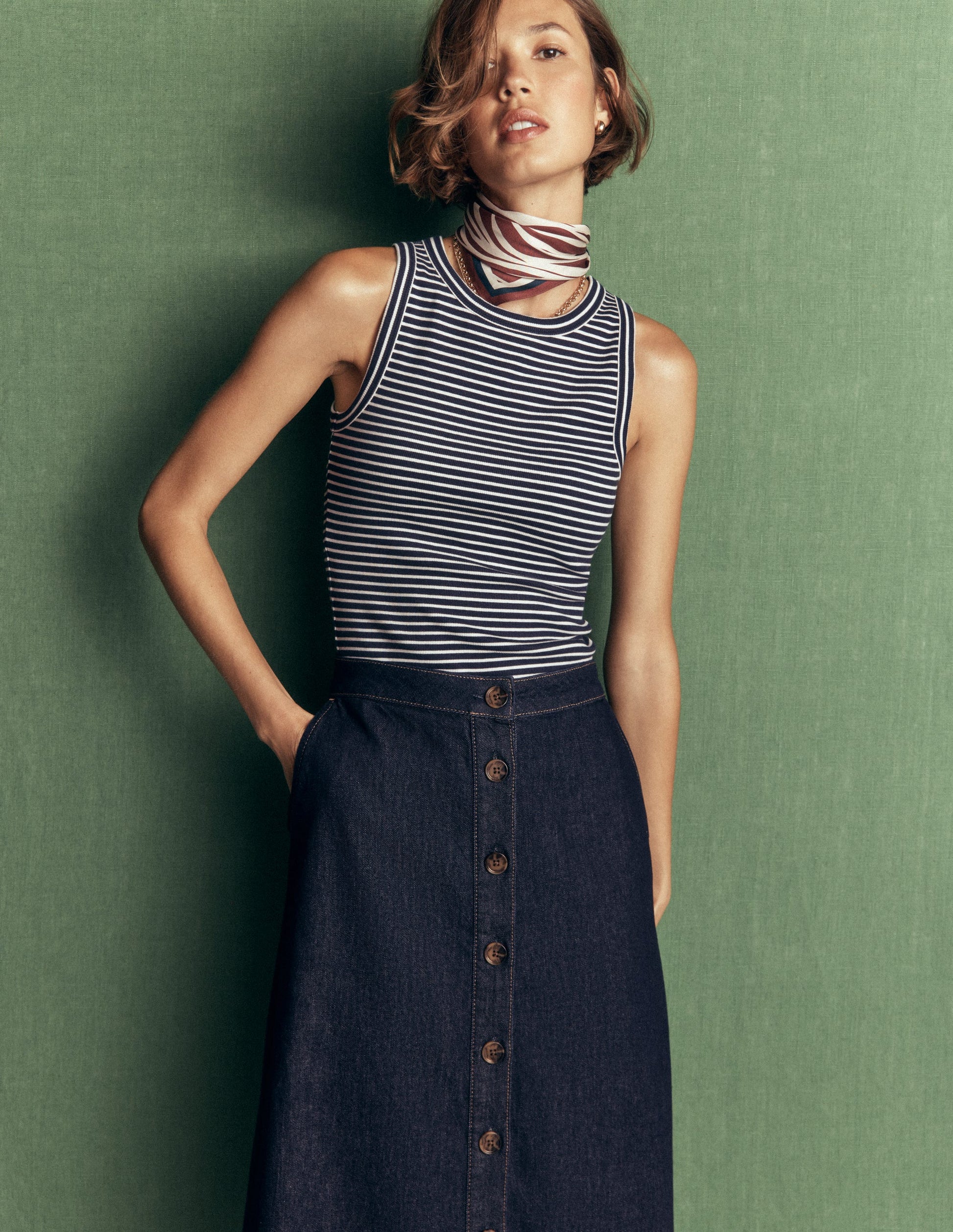 Val Button Denim Midi Skirt-Indigo-1