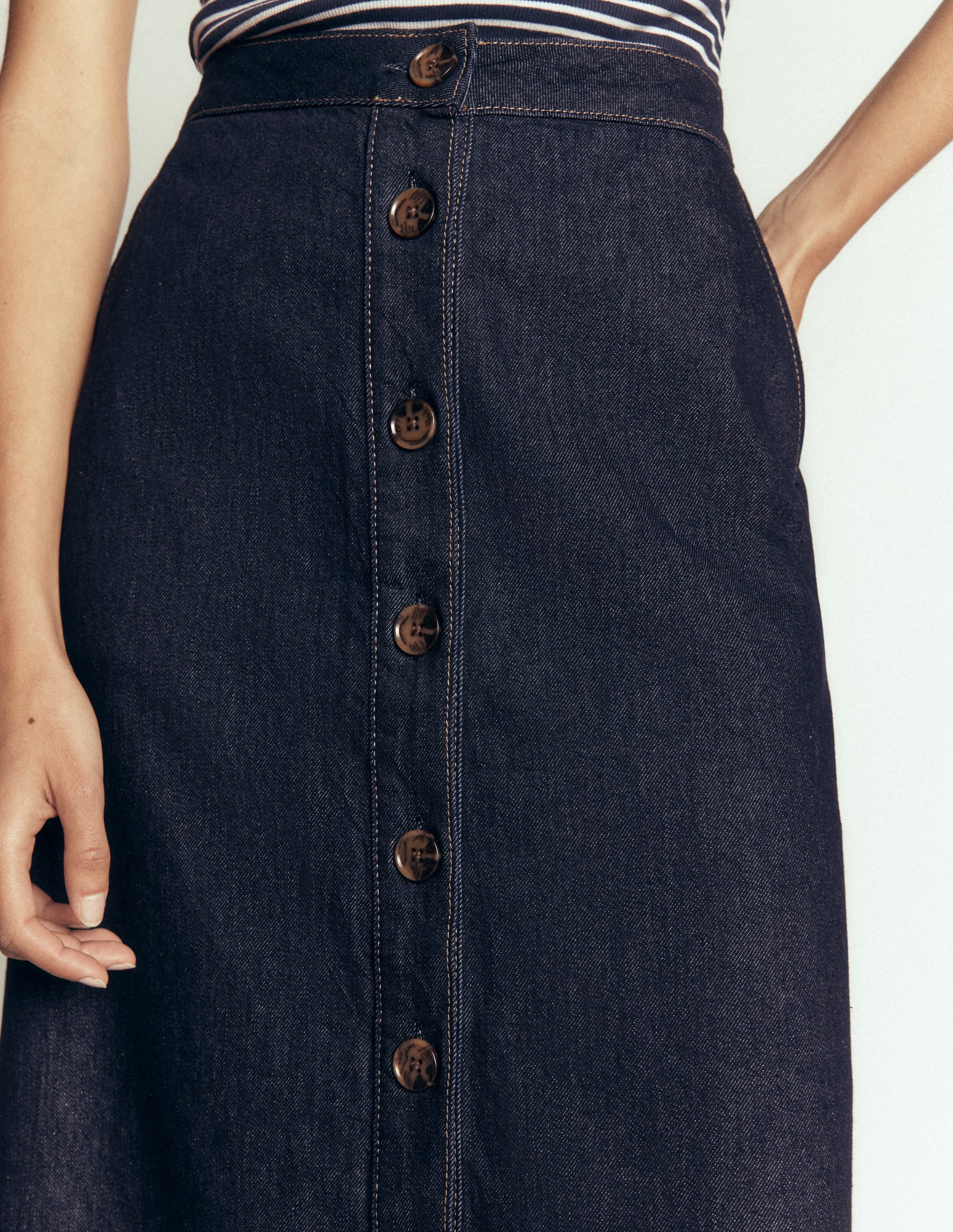 Val Button Denim Midi Skirt-Indigo - Image 2
