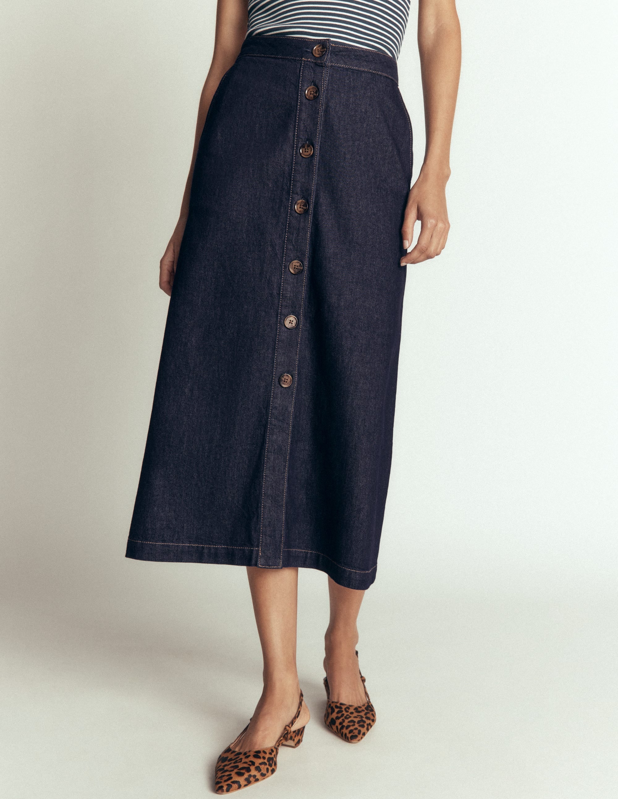 Val Button Denim Midi Skirt-Indigo - Image 4