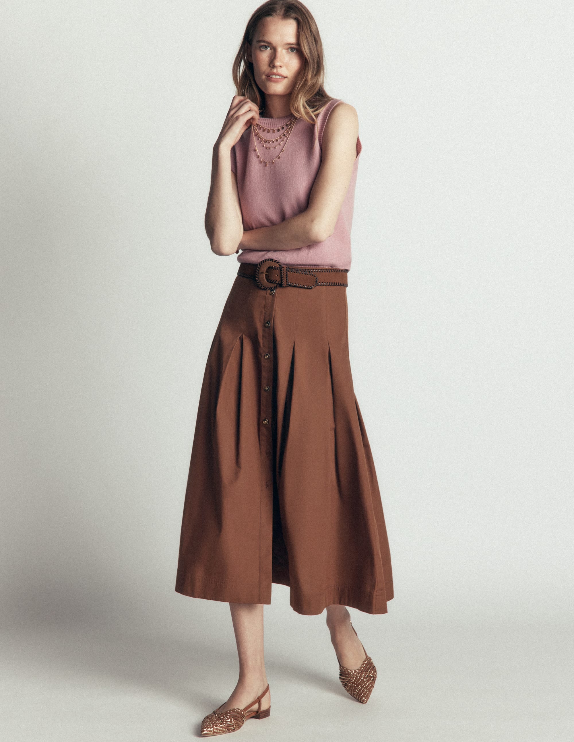 Button Front Pleated Skirt-Raw Umber - Image 2