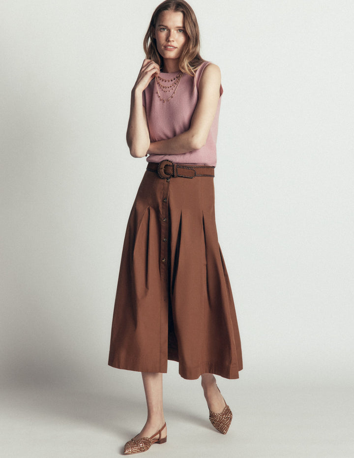 High Waist Pleated Skirt-Raw Umber