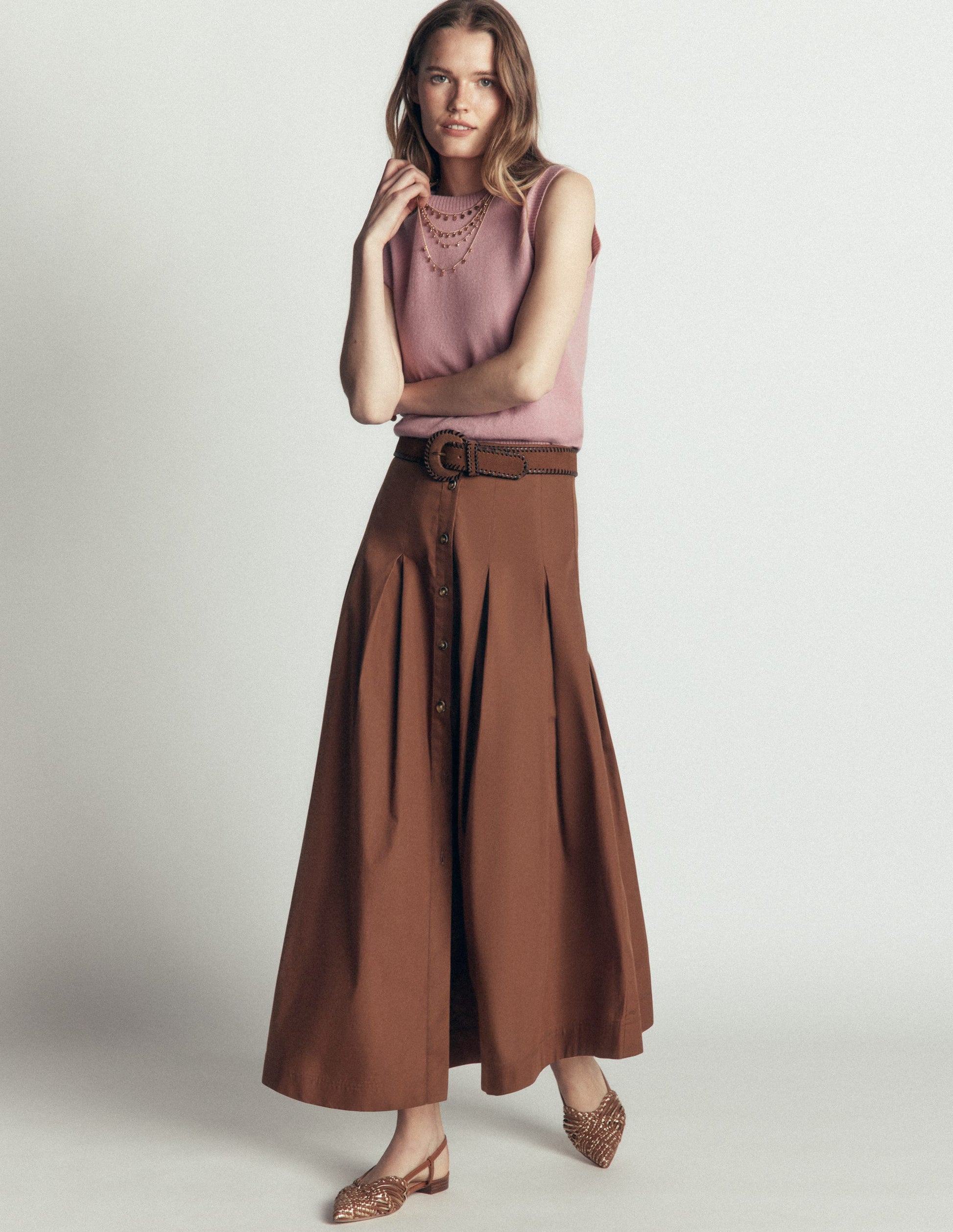 Button Front Pleated Skirt-Raw Umber-1