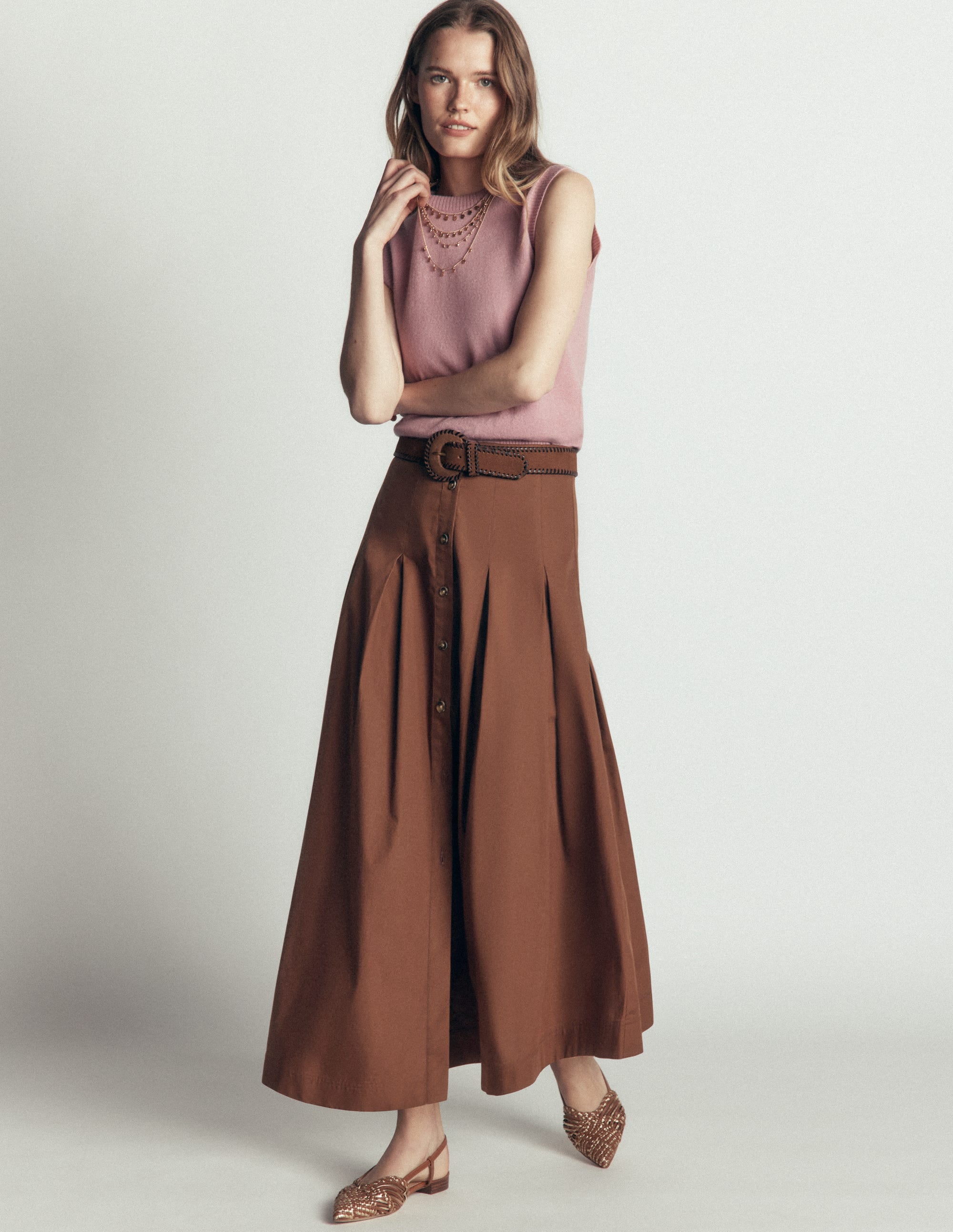 Button Front Pleated Skirt-Raw Umber - Image 1
