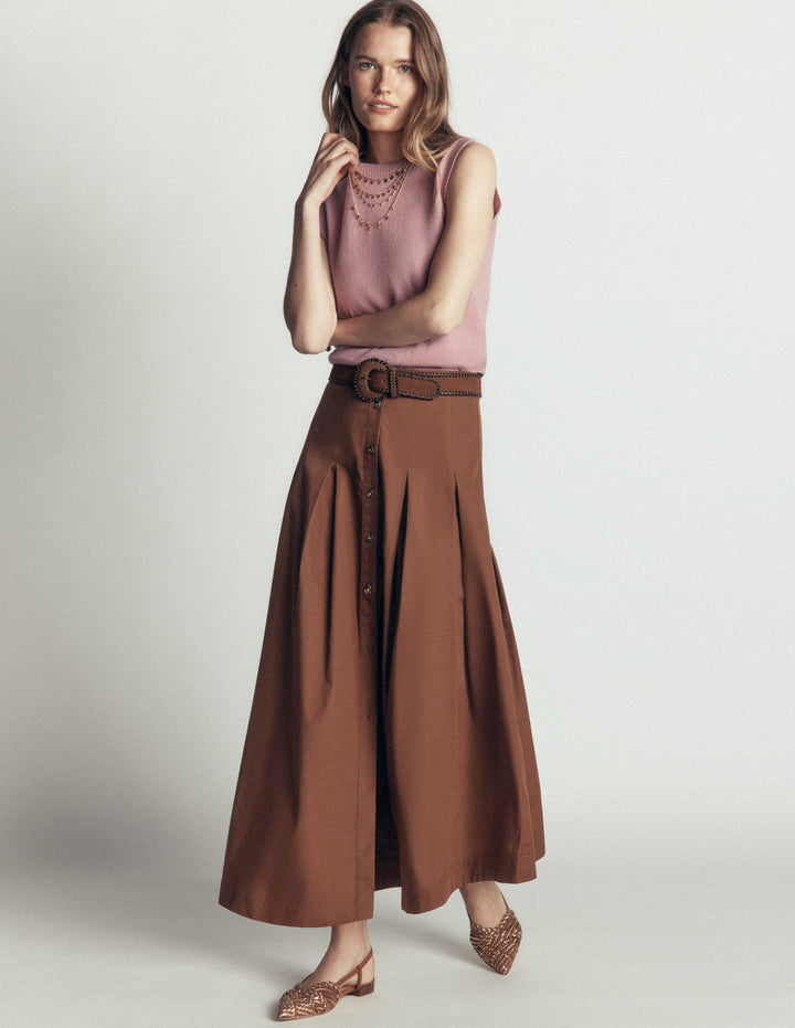 Button Front Pleated Skirt-Raw Umber