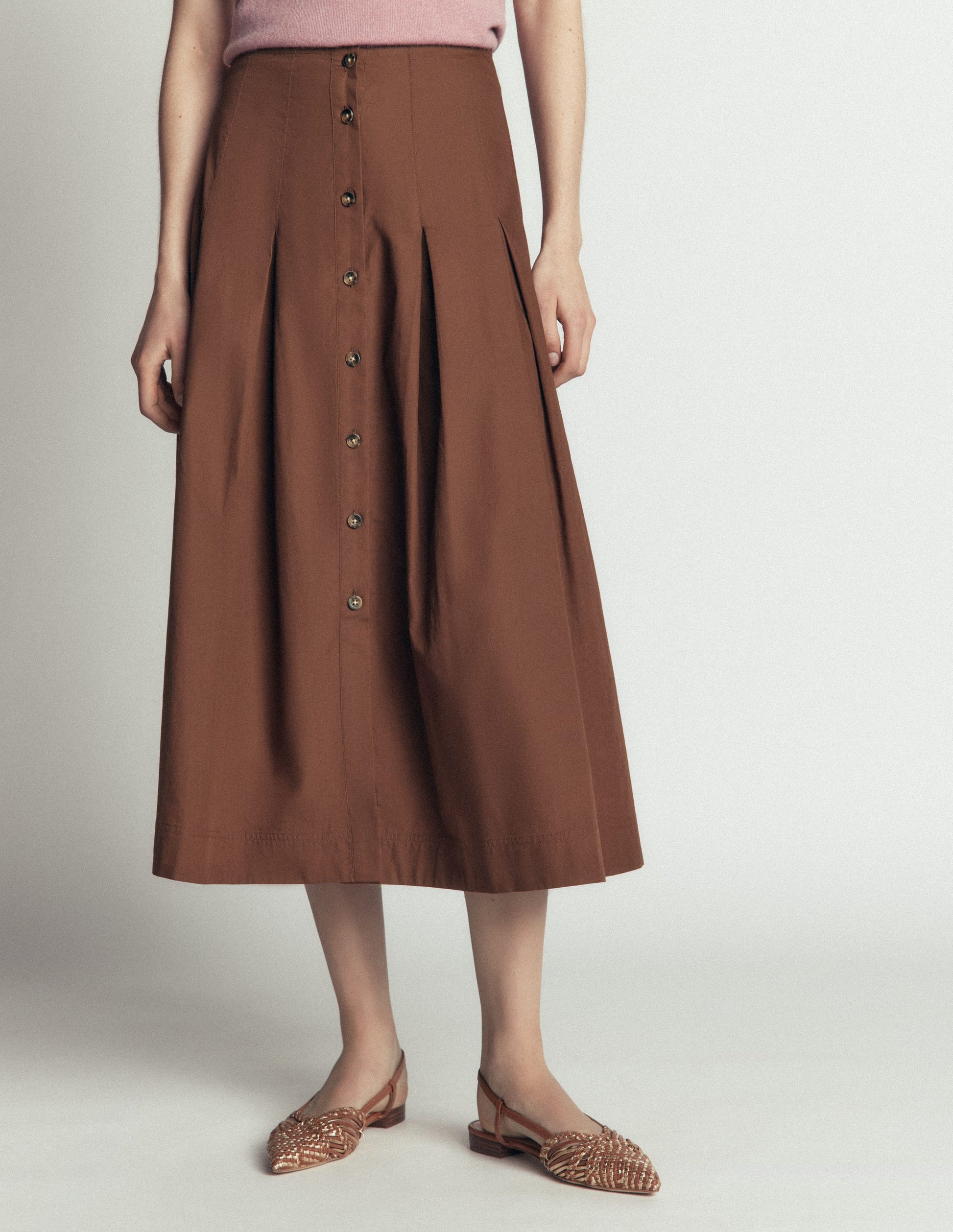 Button Front Pleated Skirt-Raw Umber-6