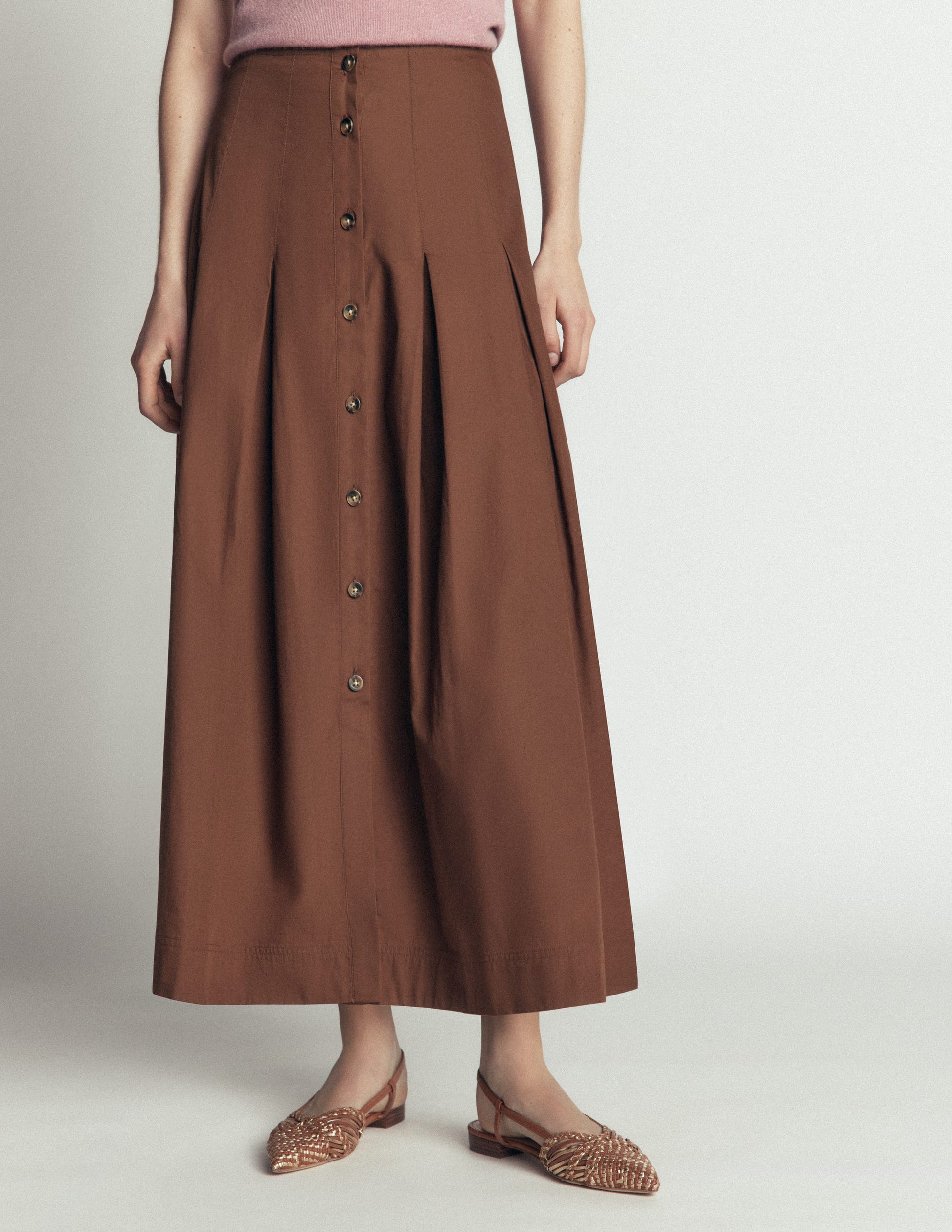 Button Front Pleated Skirt-Raw Umber-5