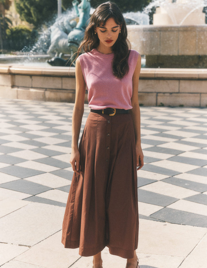 High Waist Pleated Skirt-Raw Umber