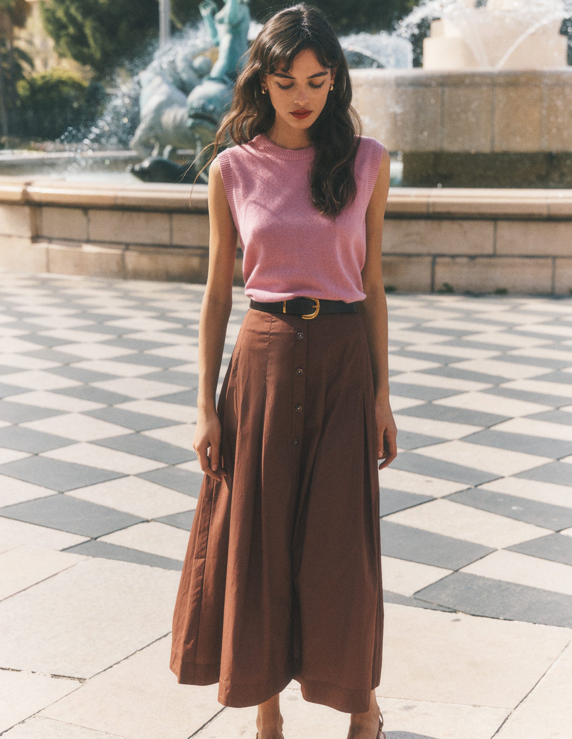 Button Front Pleated Skirt-Raw Umber-1