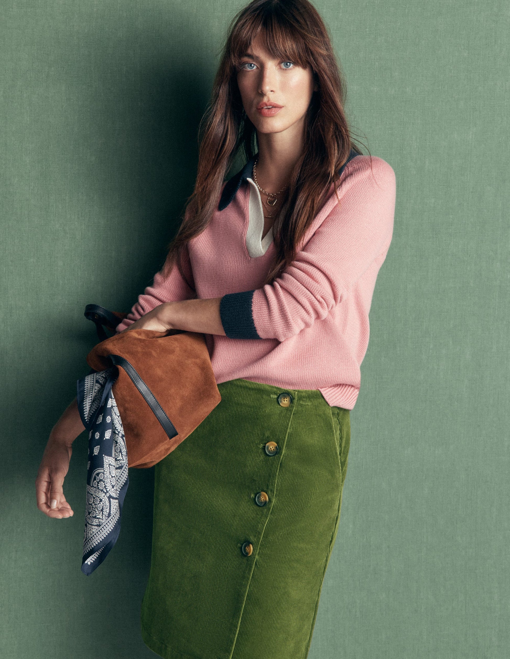 Evelyn Button Cord Wrap Skirt-Forest Green-1