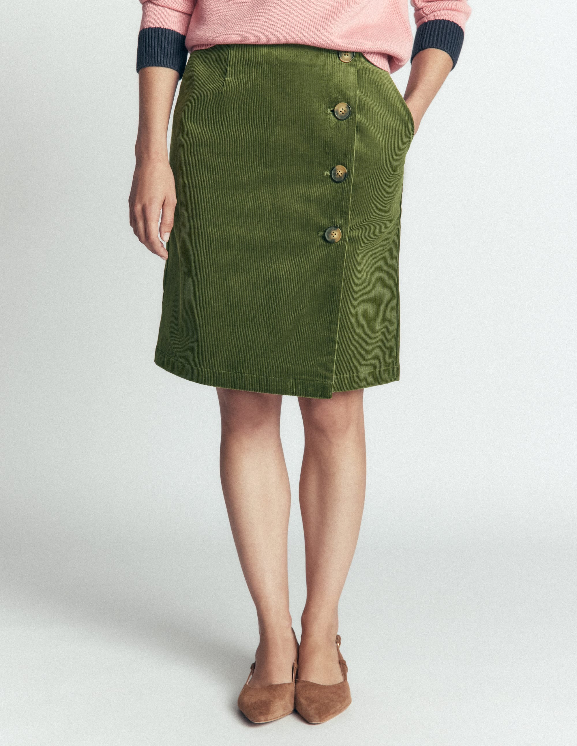 Evelyn Button Cord Wrap Skirt-Forest Green - Image 4