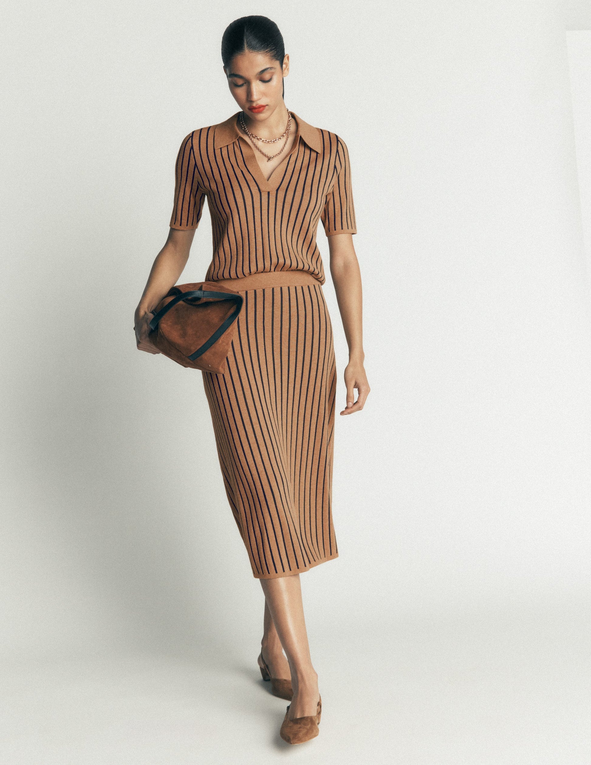 Jacquard Knitted Midi Skirt-Camel Stripe-1