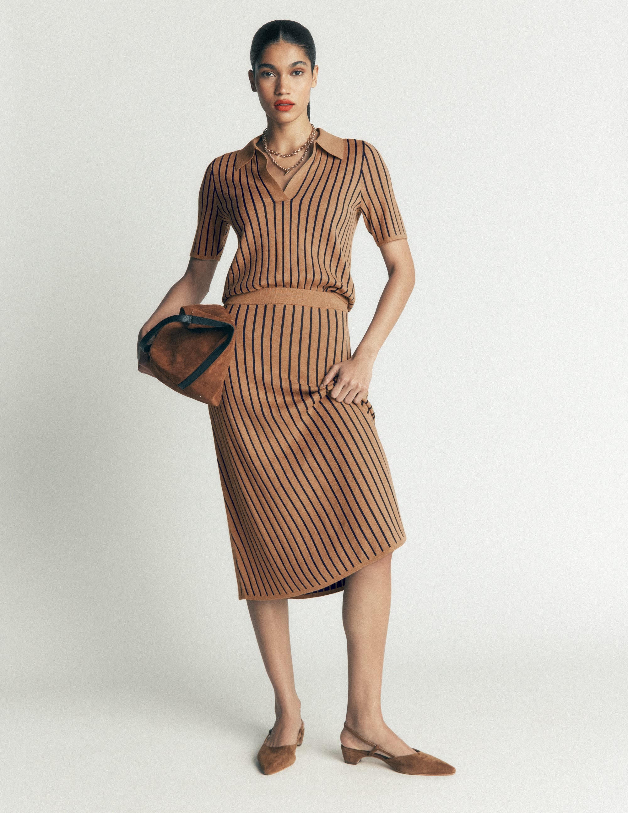 Jacquard Knitted Midi Skirt-Camel Stripe - Image 4