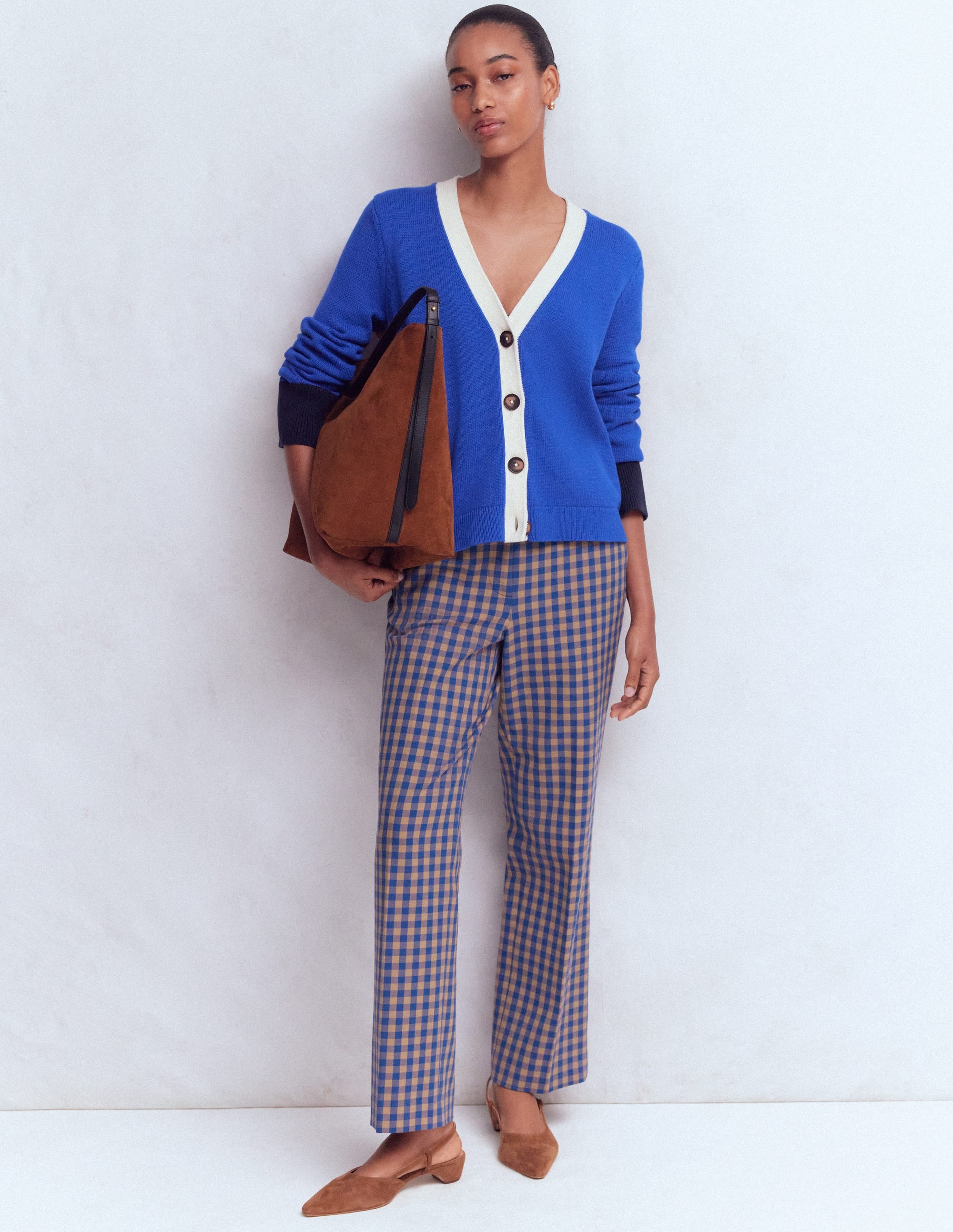 Canonbury Cotton 7/8 Pants - Camel, Blue Gingham | Boden USA
