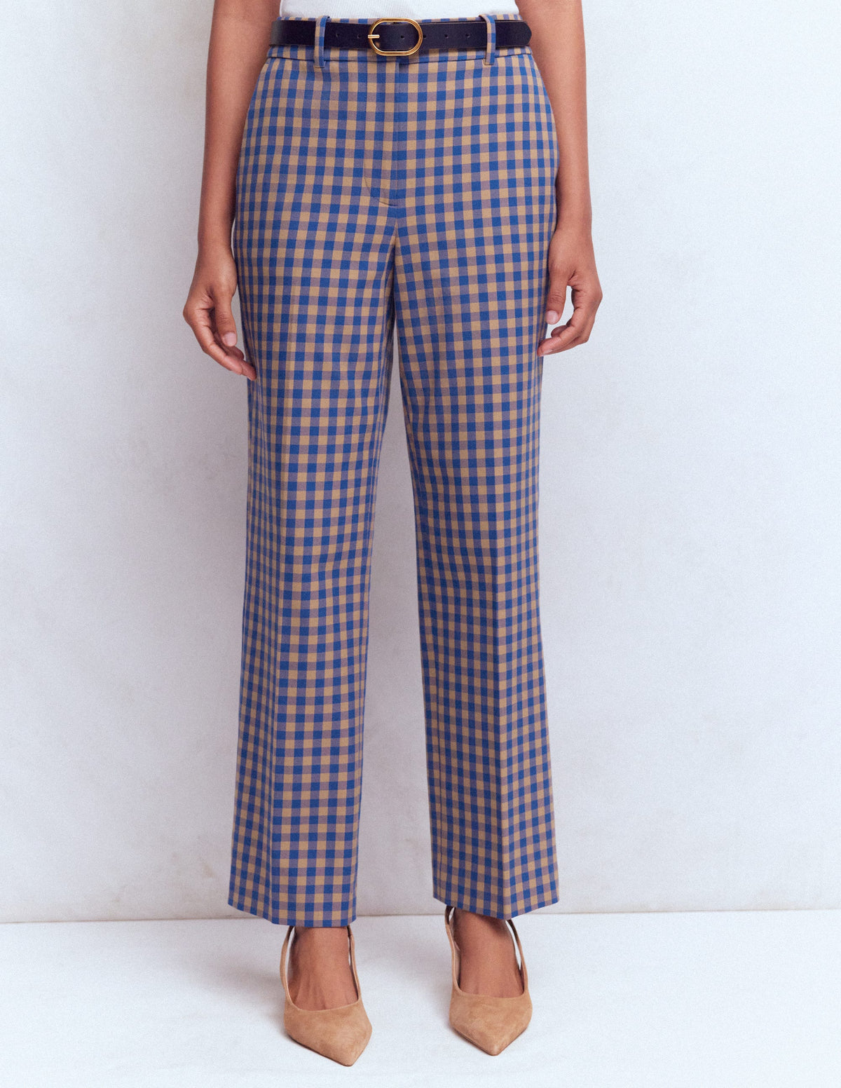 Canonbury Tailored 7/8 Pants-Camel, Blue Gingham-5