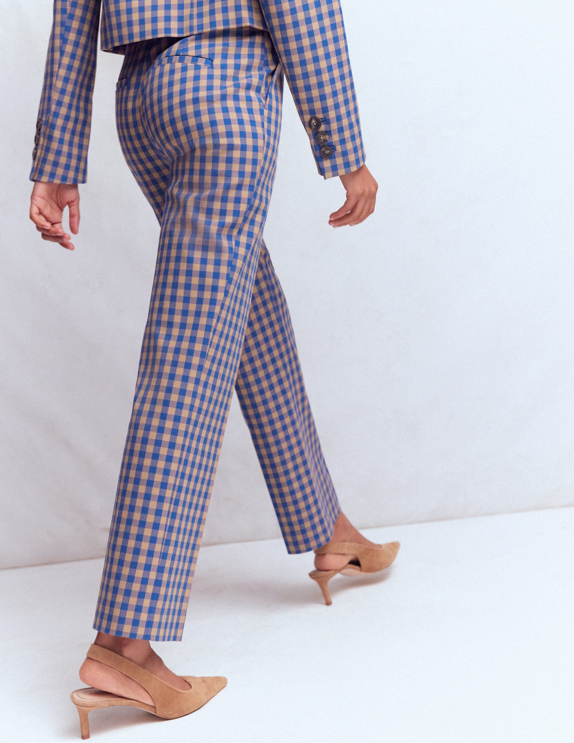 Canonbury Cotton 7/8 Pants - Camel, Blue Gingham | Boden USA