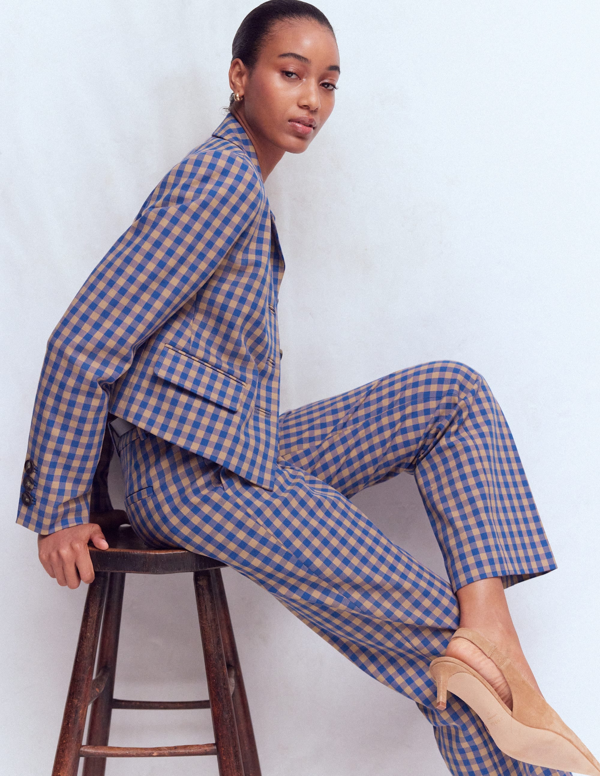Canonbury Cotton 7/8 Pants - Camel, Blue Gingham | Boden USA