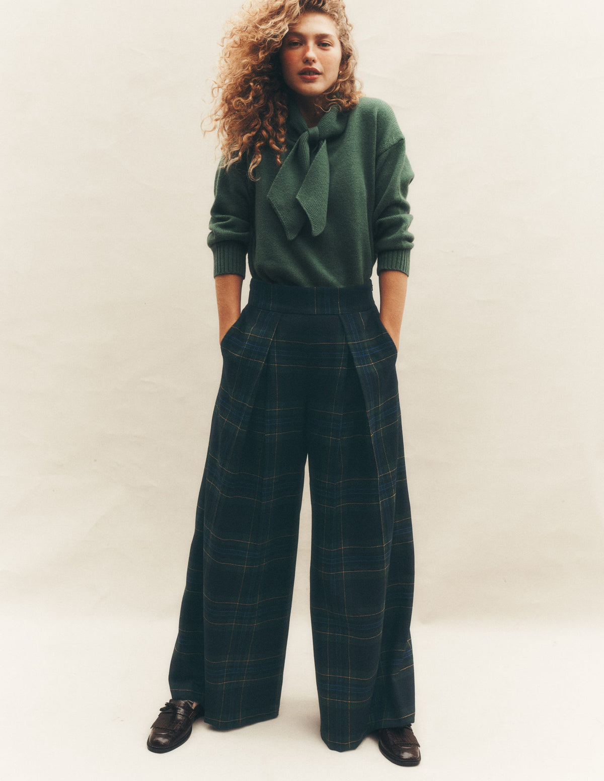 Wool Blend Pleated Culottes-Blackwatch - Image 1