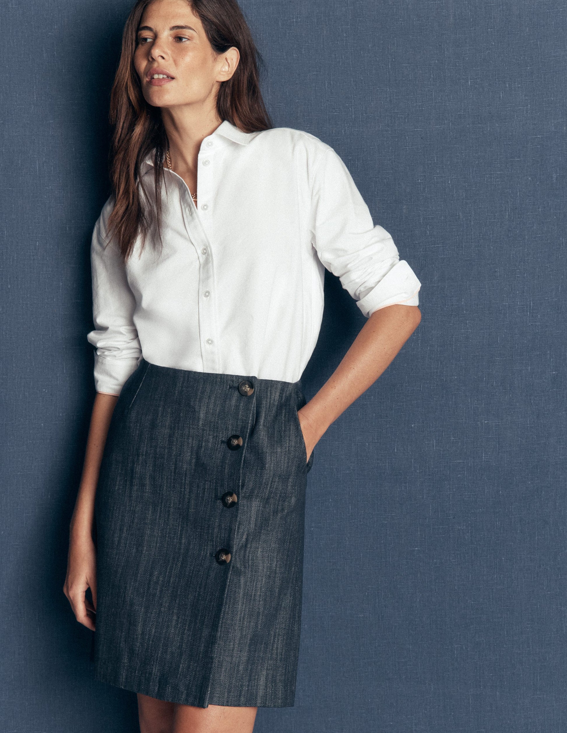 Evelyn Twill Button Wrap Skirt-Indigo Twill-4