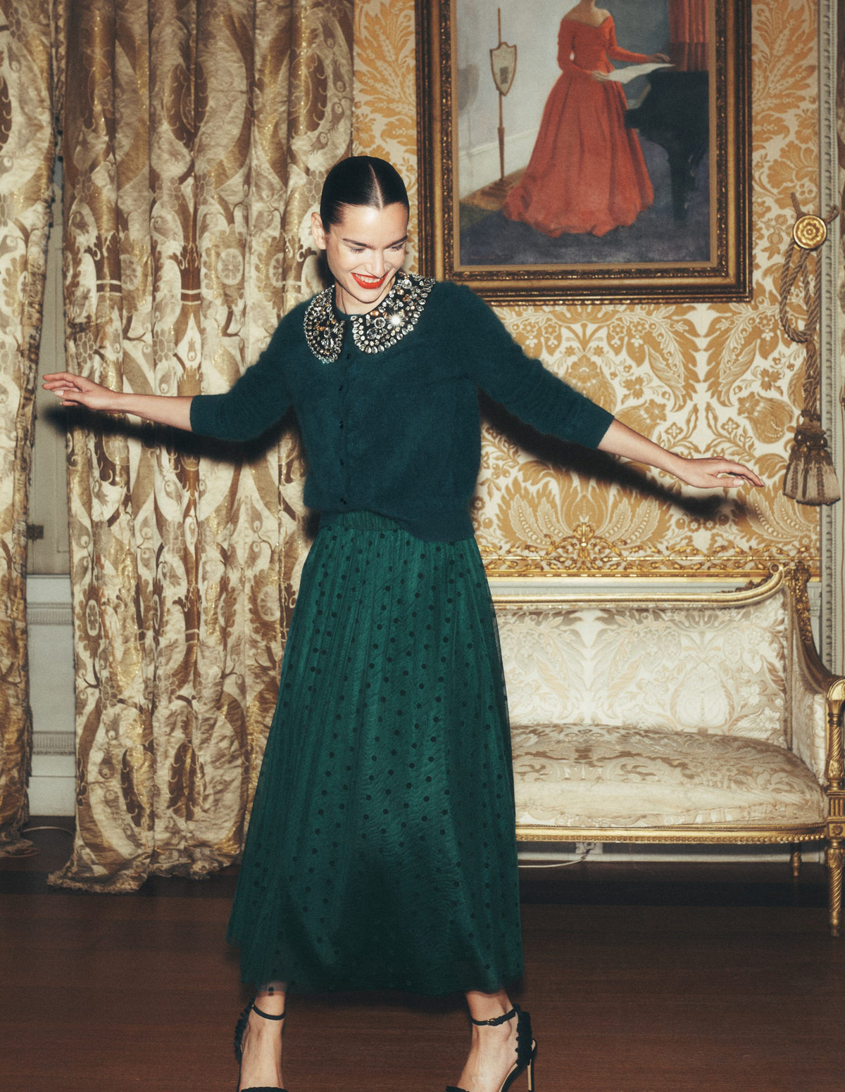 Full Tulle Party Skirt-Midnight Teal Flocked Spot - Image 1