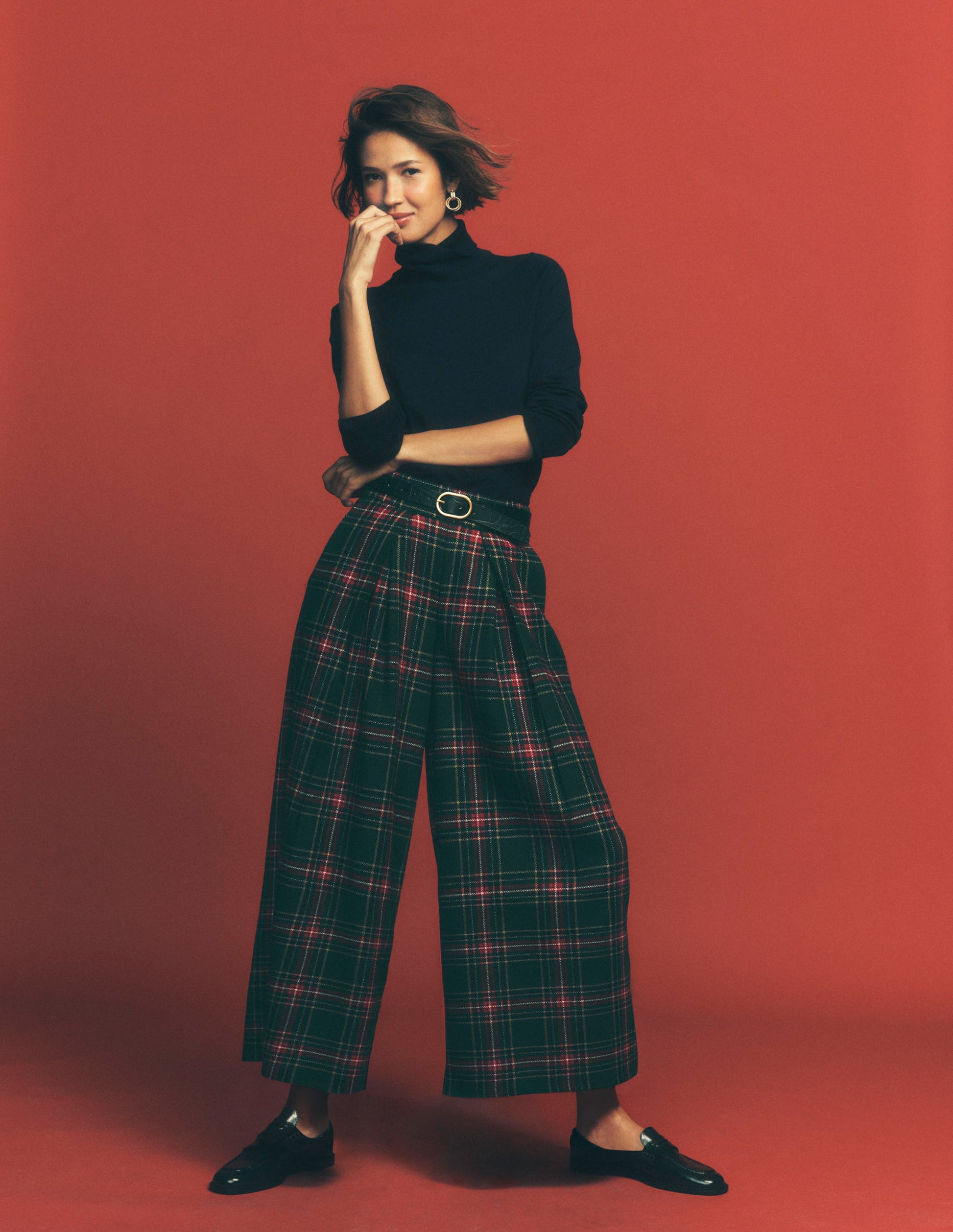 Wool Blend Pleated Pants-Green, Navy and Red Check-1